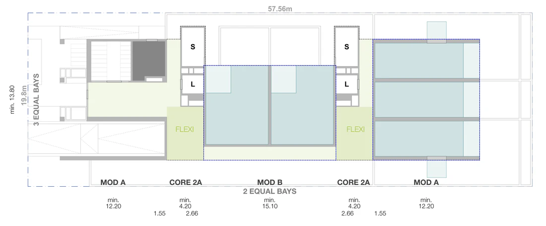 Site plan at ground level for a mid block lot 19.8 metres wide and 57.56 metres deep, 1,140 square metres, with the front setback, driveway and entry, the lift and stair core, the flexible communal room and three bays of apartments inside the boundaries, and the apartment levels, communal rooftop and solar roof above