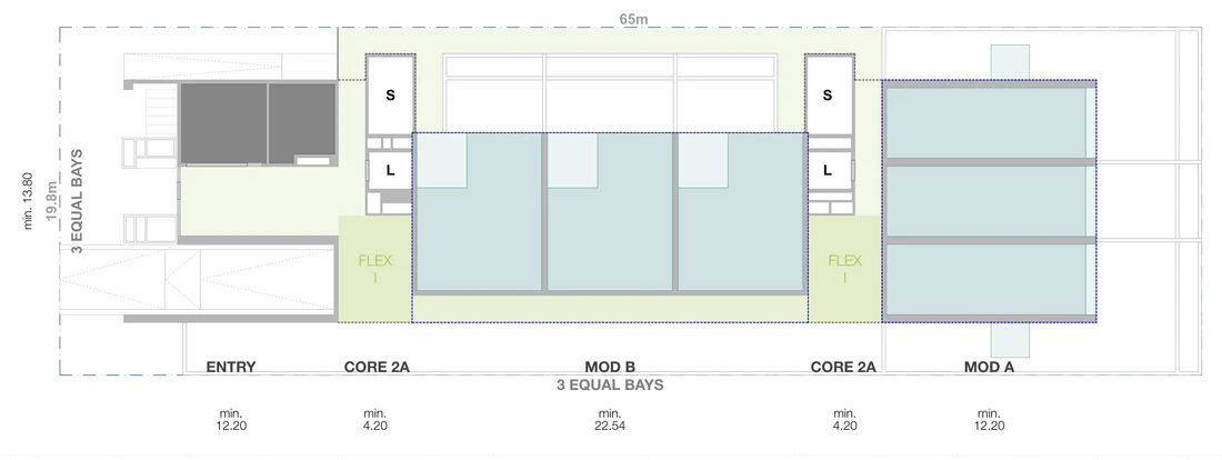 Site plan at ground level for a mid block lot 19.8 metres wide and 65 metres deep, 1,287 square metres, with the front setback, driveway and entry, the lift and stair core, the flexible communal room and three bays of apartments inside the boundaries, and the apartment levels, communal rooftop and solar roof above