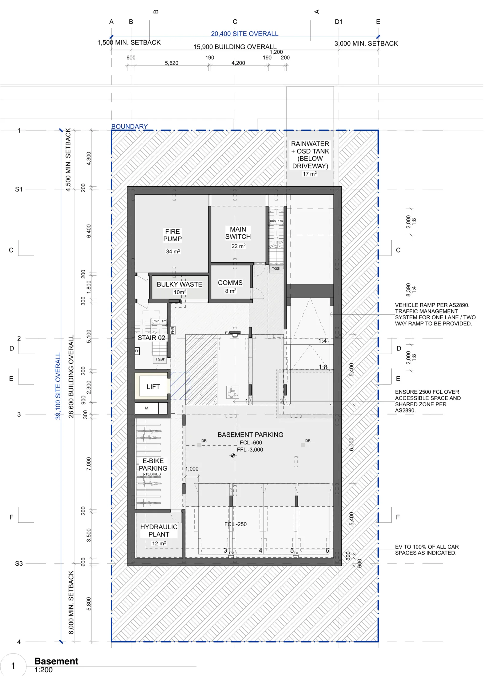 Basement plan of the base pattern showing six car spaces with electric vehicle charging to all of them, thirteen e bike spaces, the fire pump, main switch, comms and hydraulic plant rooms, the bulky waste store, the lift and fire stair, and the rainwater and on site detention tank under the driveway