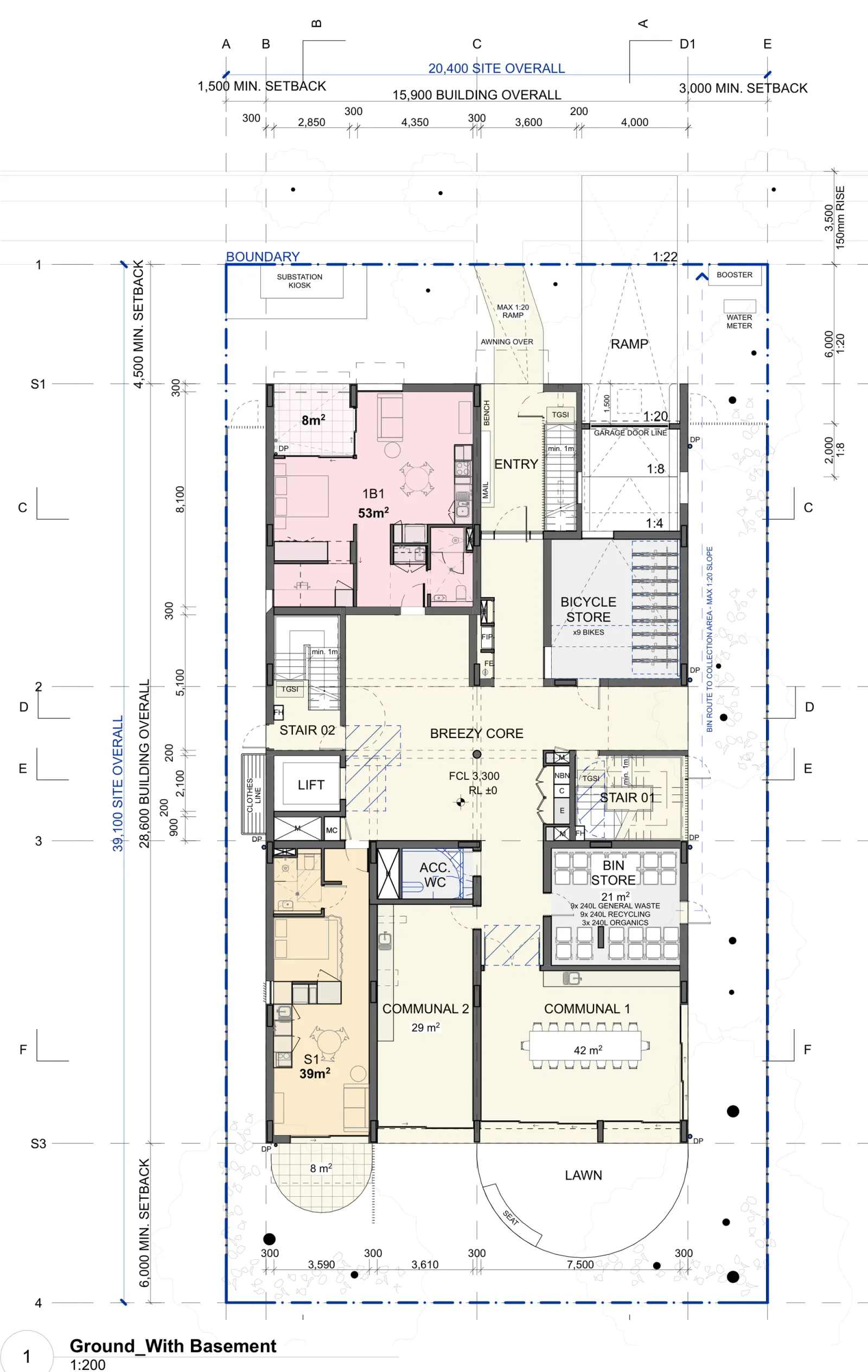Ground floor plan of the base pattern with basement parking, showing a 53 square metre one bedroom apartment and a 39 square metre studio beside the street entry, the breezy core, lift, two fire stairs, a store for nine bikes, the 21 square metre bin store, an accessible toilet, communal rooms of 42 and 29 square metres, the substation kiosk, the basement ramp and the rear lawn