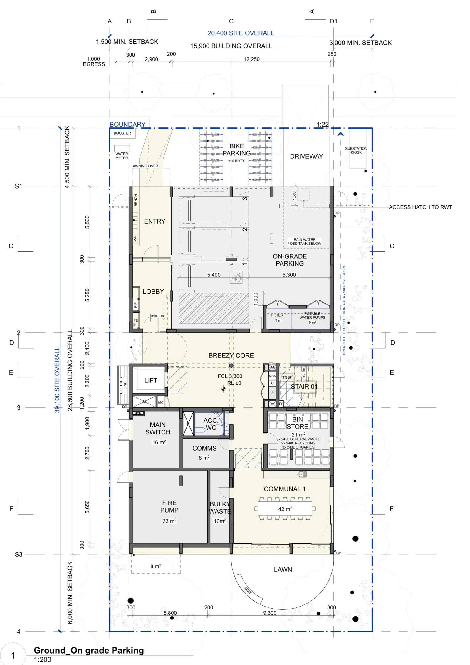 Ground floor plan of the base pattern with on grade parking, showing the parking bays and driveway, parking for sixteen bikes, the street entry and lobby, the breezy core, lift, two fire stairs, main switch, comms, fire pump, bulky waste and 21 square metre bin store, a 42 square metre communal room and the rear lawn, with no apartments on this level