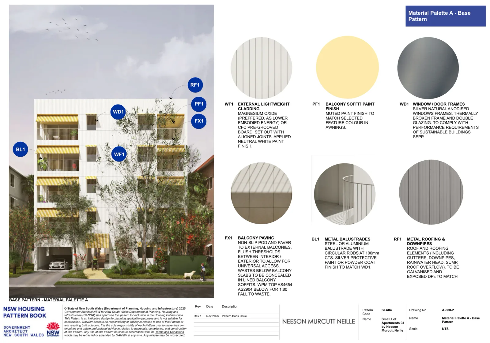 Material palette A for the base pattern, a street render of the white lightweight cladding facade with yellow awnings, beside swatches for the magnesium oxide or compressed fibre cement pre grooved board, the yellow balcony soffit paint, silver anodised window frames, balcony paving, metal balustrades and galvanised metal roofing