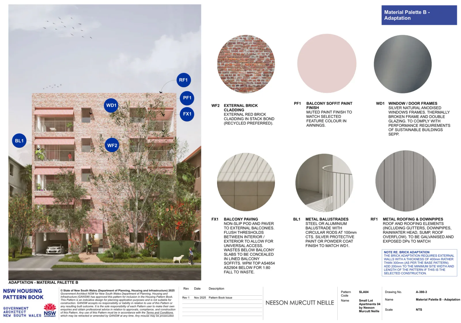 Material palette B for the brick adaptation, a street render of the red brick facade with pink awnings, beside swatches for the stack bond red brick, the pink balcony soffit paint, silver anodised window frames, balcony paving, metal balustrades and galvanised metal roofing, with the note that brick needs 400 millimetre external walls