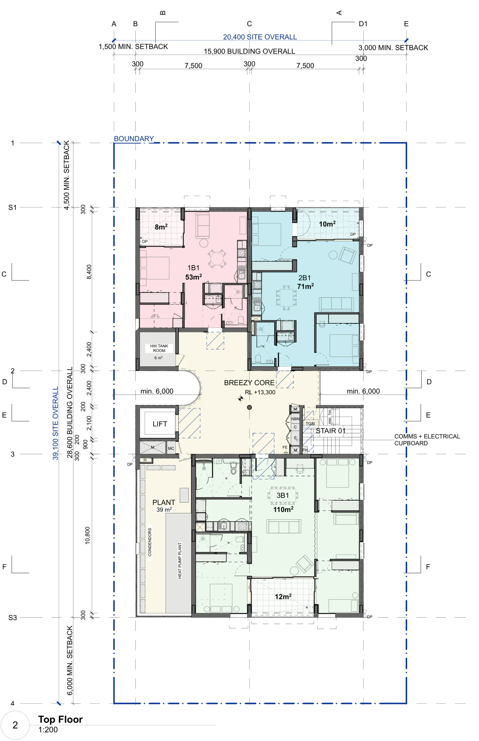 Top floor plan showing three apartments around the open breezy core, a 53 square metre one bedroom, a 71 square metre two bedroom and a 110 square metre three bedroom, with a 39 square metre plant area holding the heat pump plant and condensers where the studio sits on the floors below, plus the hot water tank room, lift and fire stair