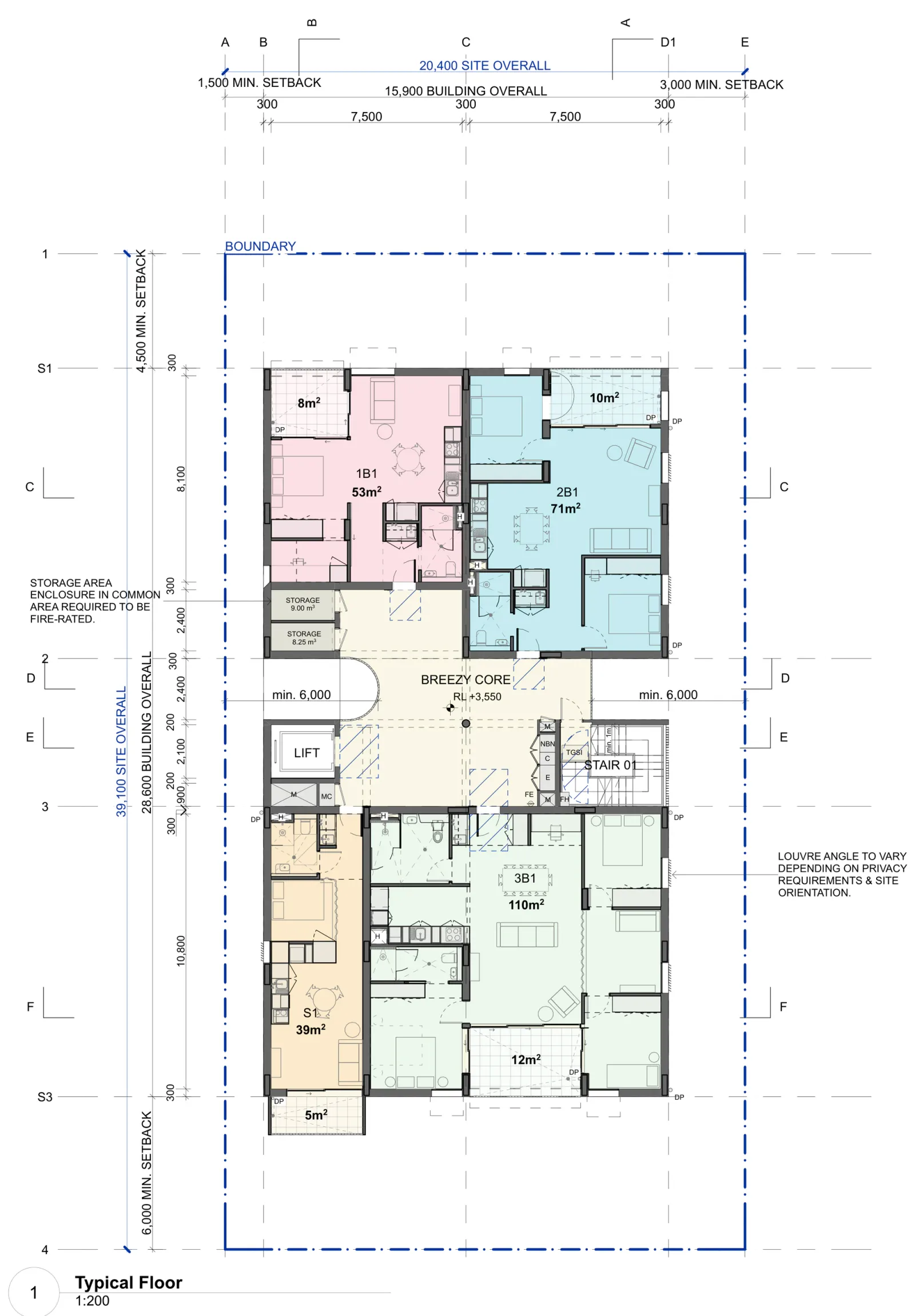 Typical floor plan at level 1 showing four apartments around the open breezy core, a 53 square metre one bedroom, a 71 square metre two bedroom, a 39 square metre studio and a 110 square metre three bedroom, each with a balcony, alongside the lift, fire stair and common storage