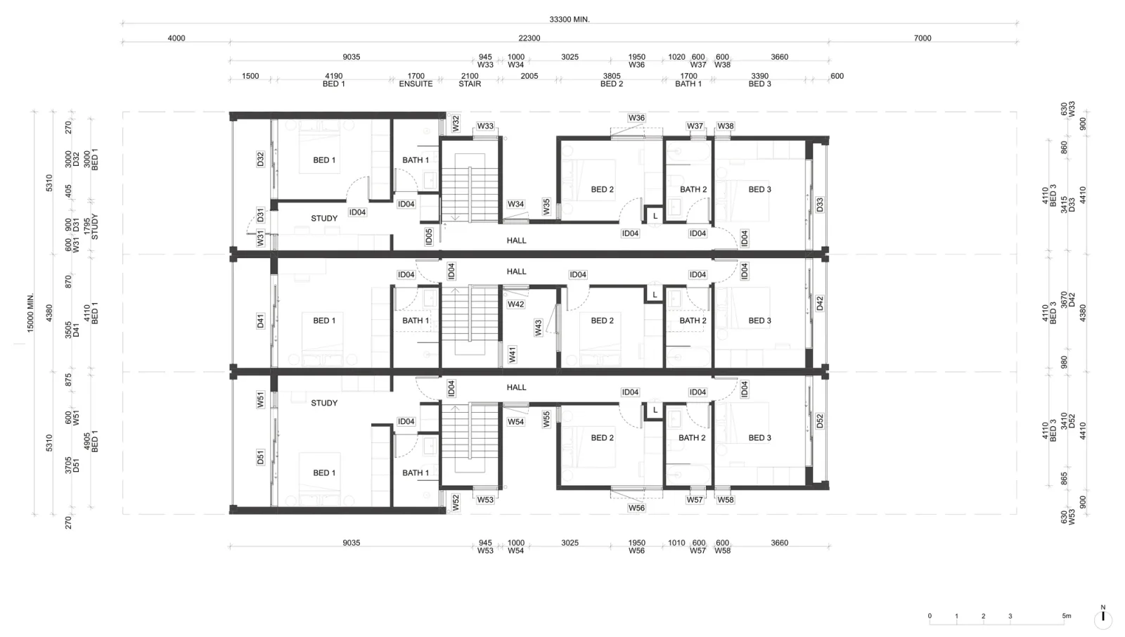 Terraces 01 first floor plan sheet A-303 for a low and mid rise housing area, bedroom 1 with its bathroom and an optional study at the front, the stair and hall through the middle, and bedroom 2, a second bathroom and bedroom 3 at the rear of each terrace