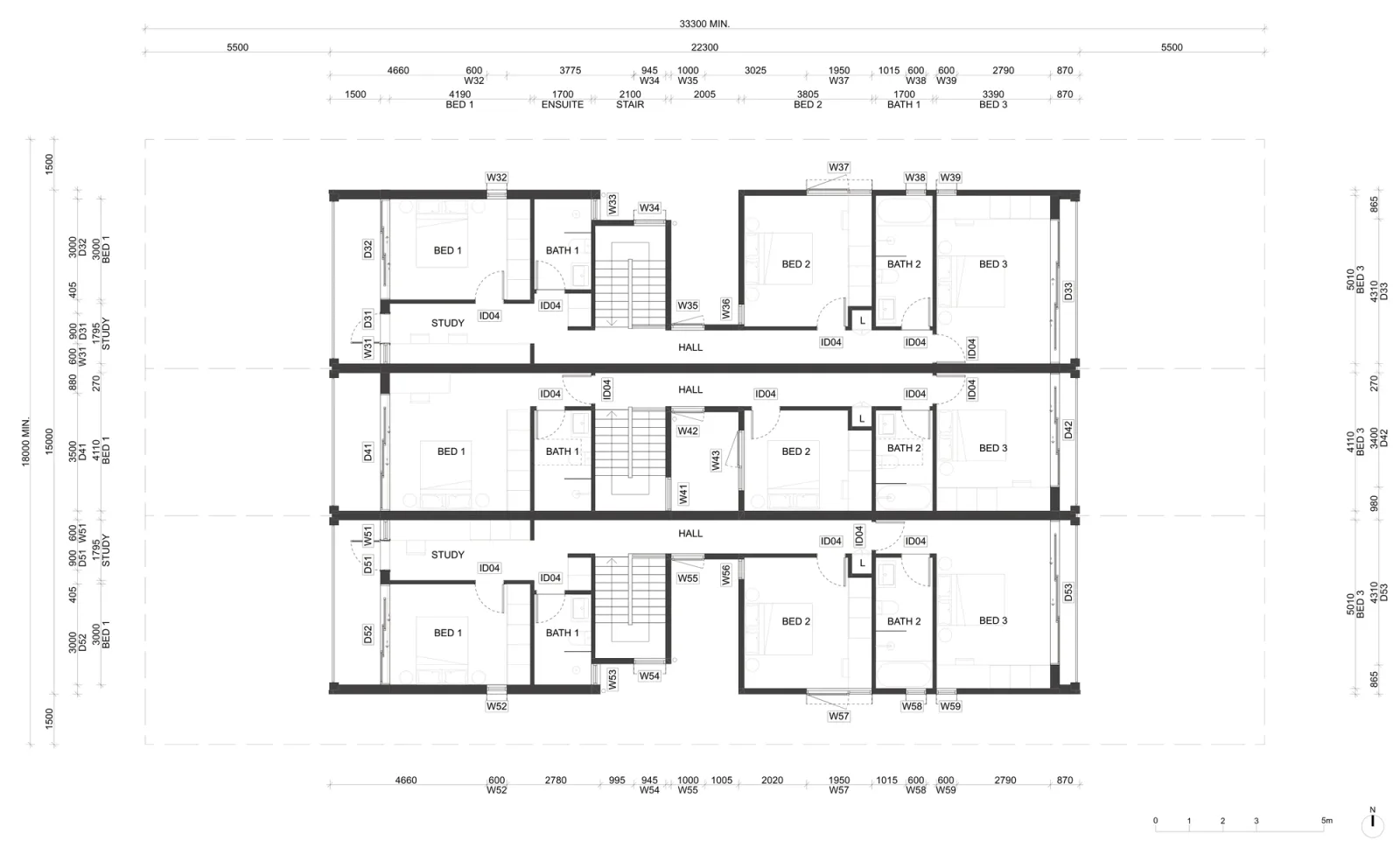 Terraces 01 first floor plan sheet A-313 for a site outside the low and mid rise housing areas, bedroom 1 with a bathroom and optional study at the front, the stair and hall, then bedroom 2, a second bathroom and bedroom 3 at the rear of each terrace