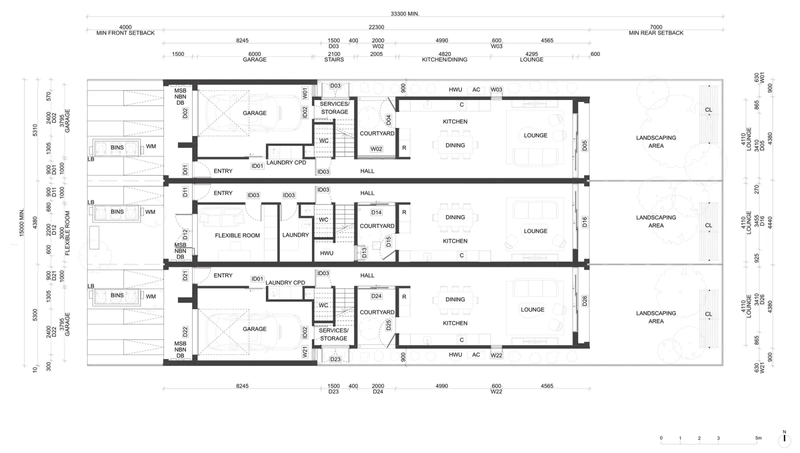 Pattern Book Terraces 01 ground floor plan for a low and mid rise housing area, showing three terraces side by side with garages, courtyards and living spaces opening to rear gardens