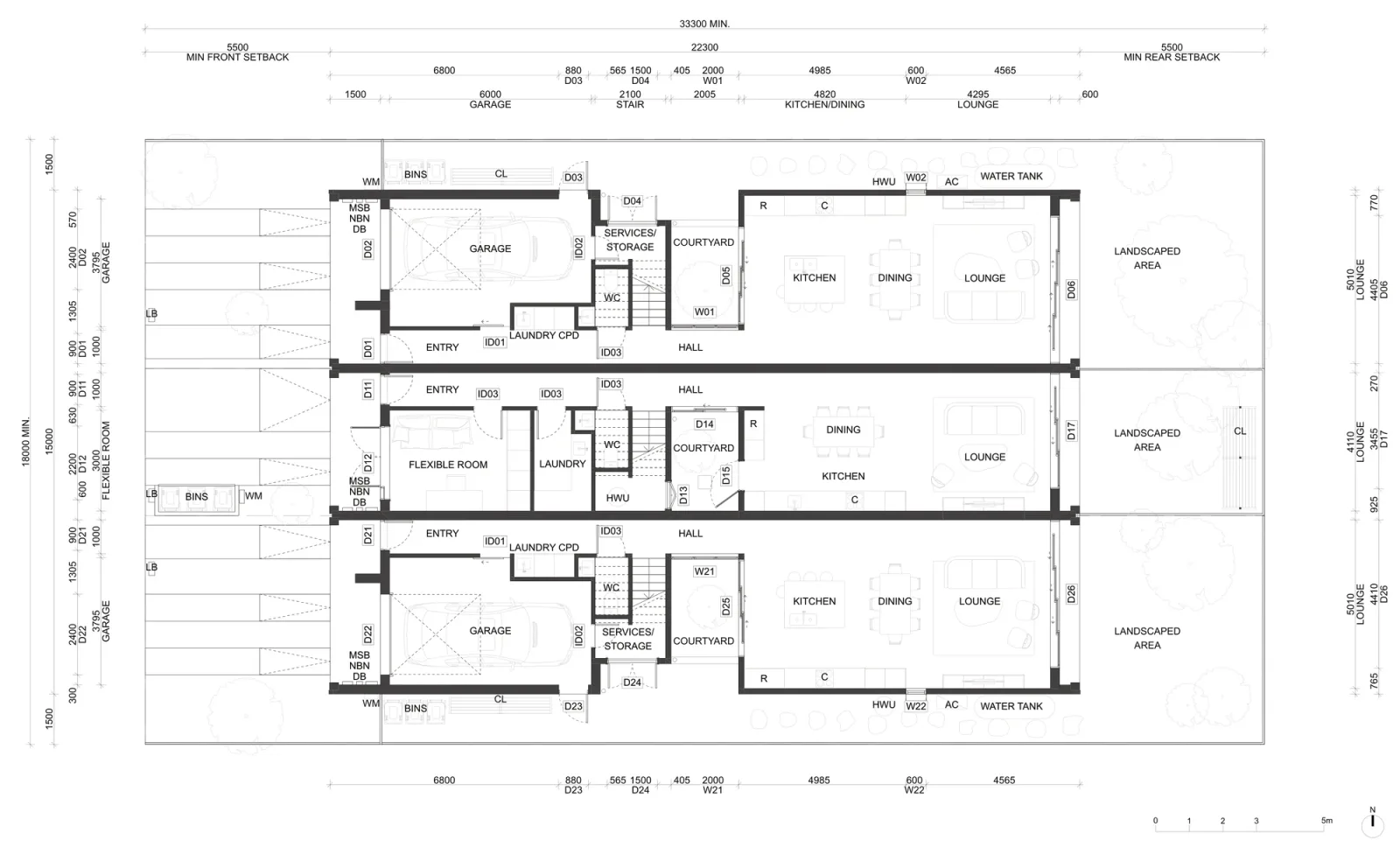 Terraces 01 ground floor plan sheet A-312 for a site outside the low and mid rise housing areas, the same three terrace plan on a wider block with 1.5 metre side setbacks, garages, a flexible room, courtyards, rainwater tanks and living rooms opening to the rear gardens