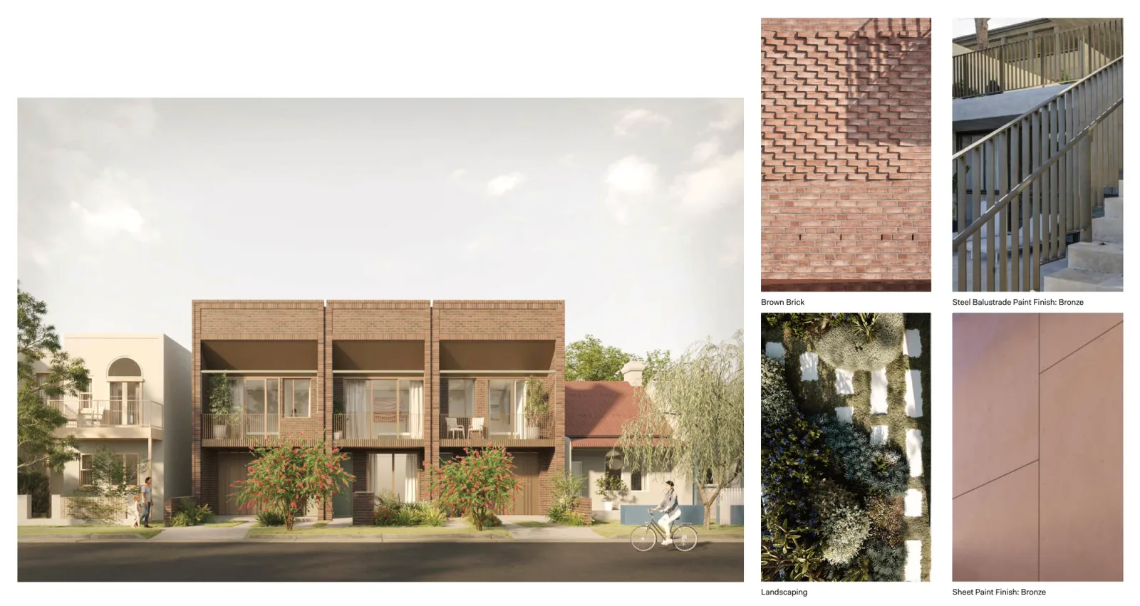 Terraces 01 material palette 1, the street elevation of three terraces in brown brick with bronze awnings, beside swatch photographs of the brown brick, a bronze painted steel balustrade, the landscaping and bronze painted sheet