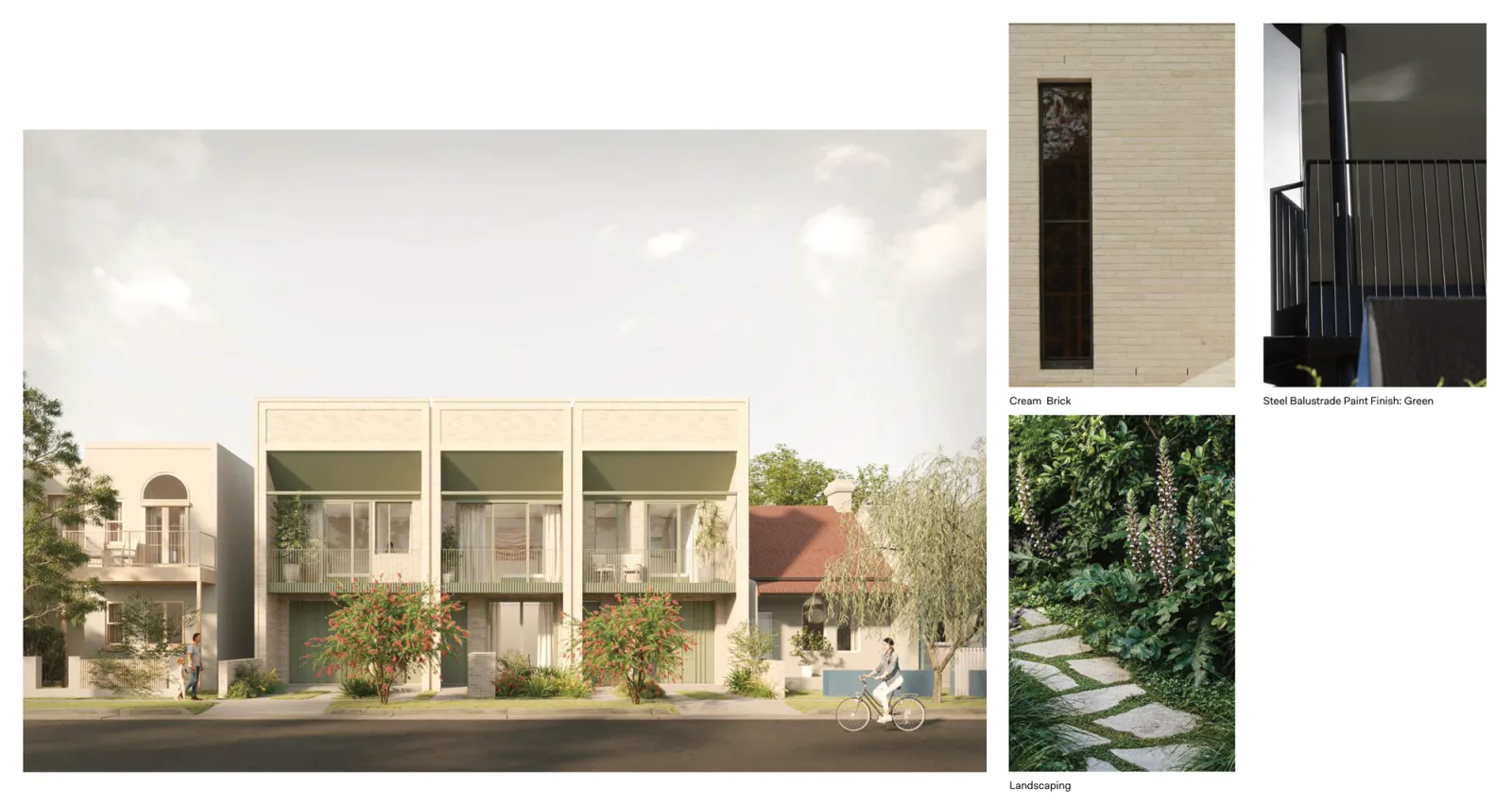 Terraces 01 material palette 2, the street elevation of three terraces in cream brick with green awnings and balustrades, beside swatch photographs of the cream brick, a green painted steel balustrade and the landscaping