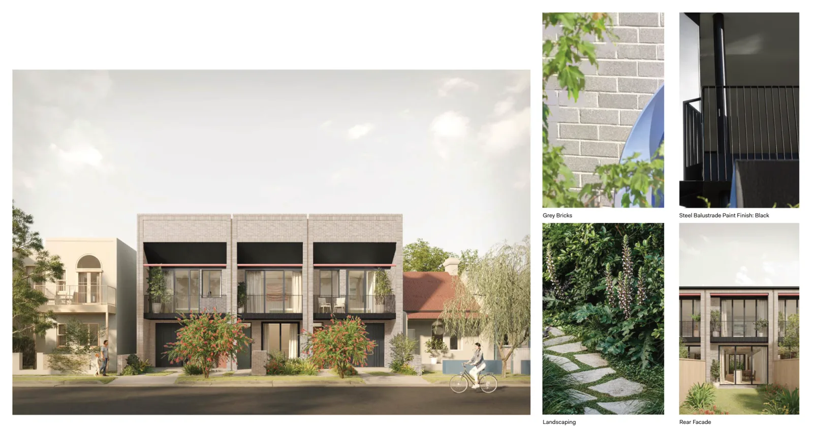 Terraces 01 material palette 3, the street elevation of three terraces in grey brick with black awnings and balustrades, beside swatch photographs of the grey brick, a black painted steel balustrade, the landscaping and the rear facade