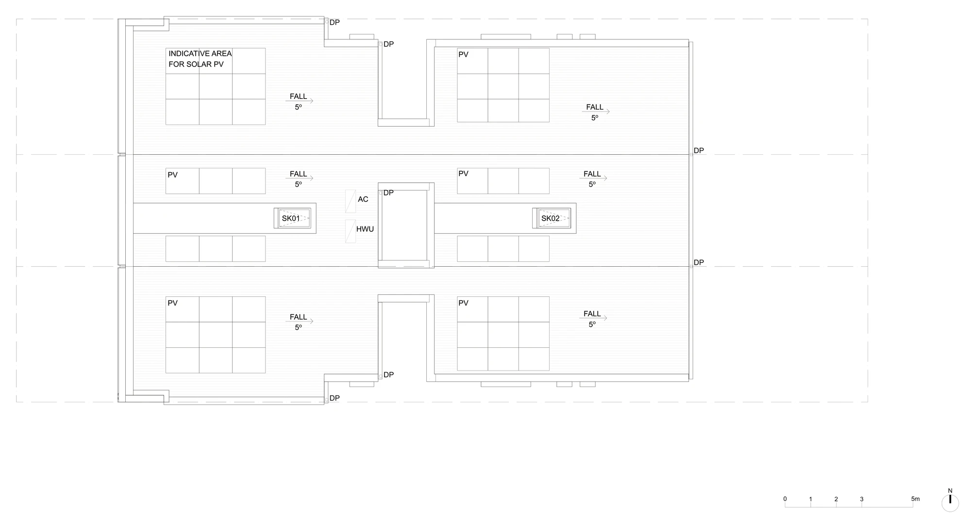 Terraces 01 roof plan sheet A-304 for a low and mid rise housing area, the roof falling 5 degrees with the indicative solar panel area on each terrace, two skylights over the stairs, downpipes, the hot water unit and the air conditioning unit