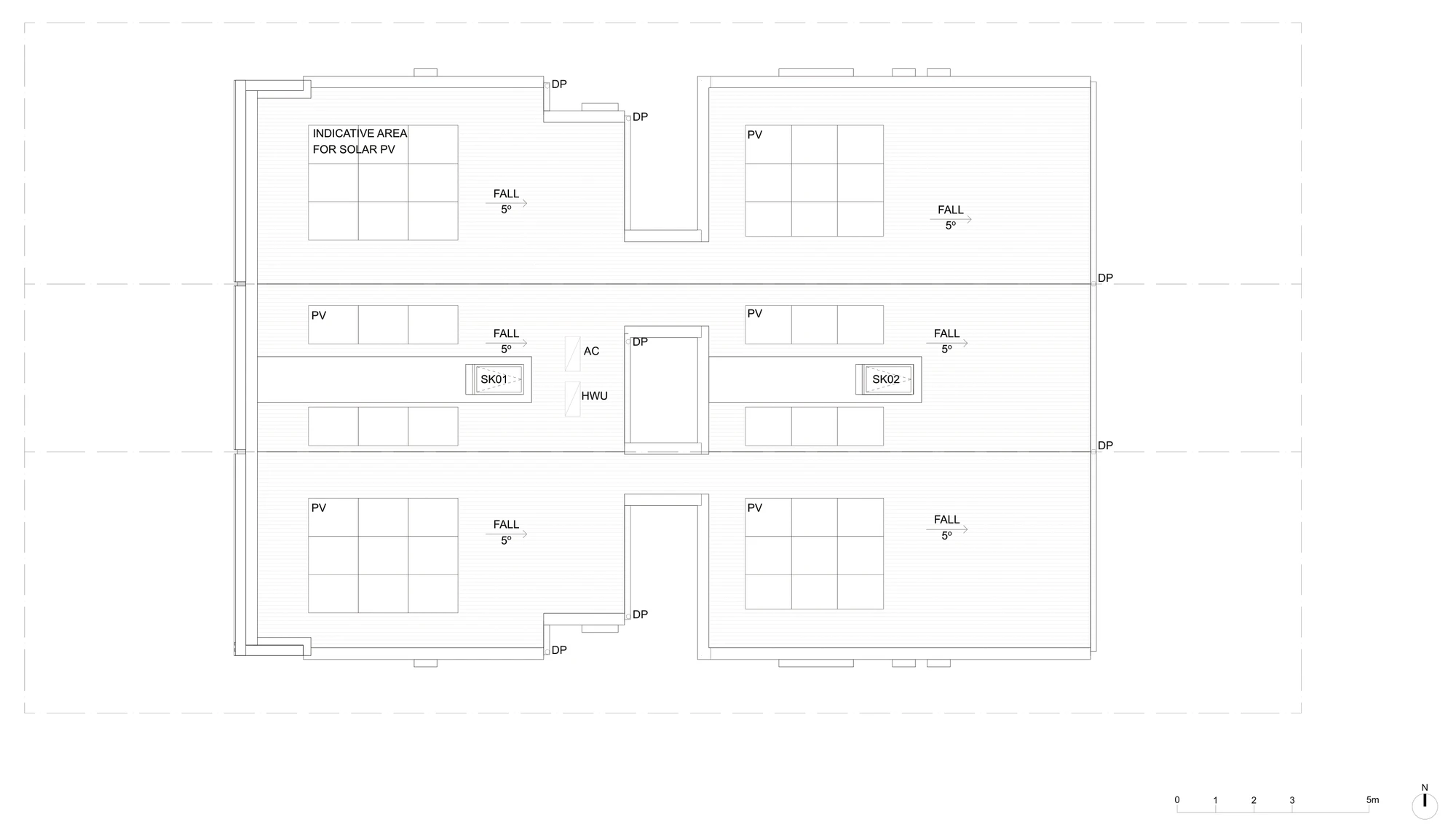 Terraces 01 roof plan sheet A-314 for a site outside the low and mid rise housing areas, the roof falling 5 degrees with indicative solar panel areas, skylights over the stairs, downpipes and services