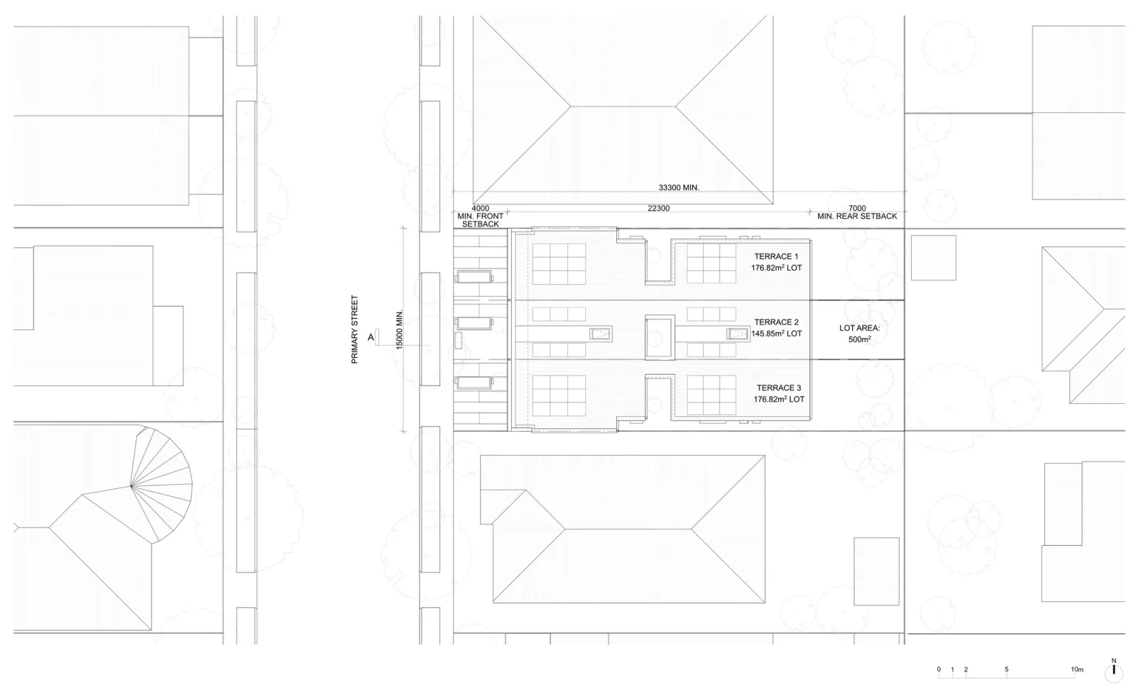 Terraces 01 site plan sheet A-301 for a low and mid rise housing area, three terraces on a 15 metre wide by 33.3 metre deep block of 500 square metres, with a 4 metre front setback, a 22.3 metre building and a 7 metre rear setback, subdivided into Torrens lots of 176.82, 145.85 and 176.82 square metres