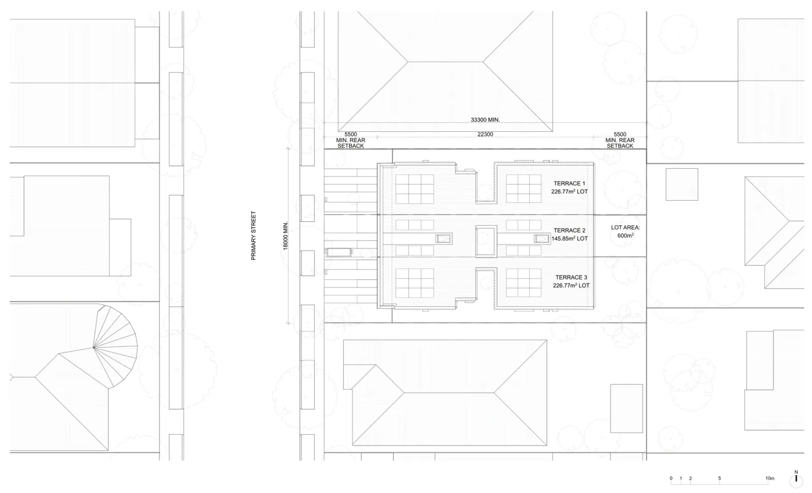 Terraces 01 site plan sheet A-311 for a site outside the low and mid rise housing areas, three terraces on an 18 metre wide by 33.3 metre deep block of 600 square metres, with 5.5 metre setbacks front and rear, a 22.3 metre building and Torrens lots of 226.77, 145.85 and 226.77 square metres