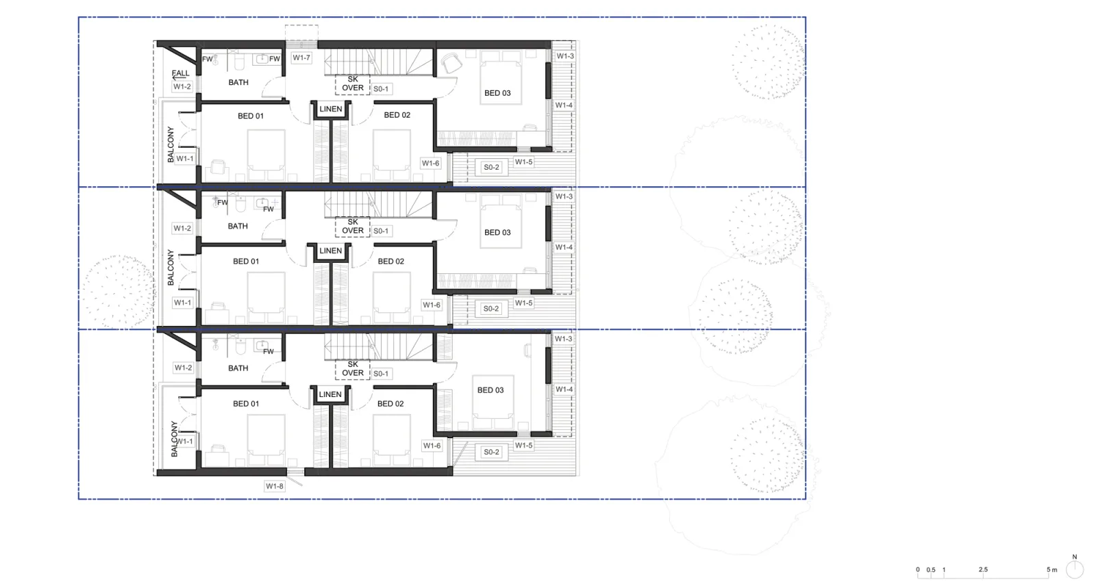 First floor plan A-303 for LMR housing areas, three bedrooms, a bathroom, a linen cupboard, a stair lit by a skylight and a balcony off the principal bedroom in each of the three homes