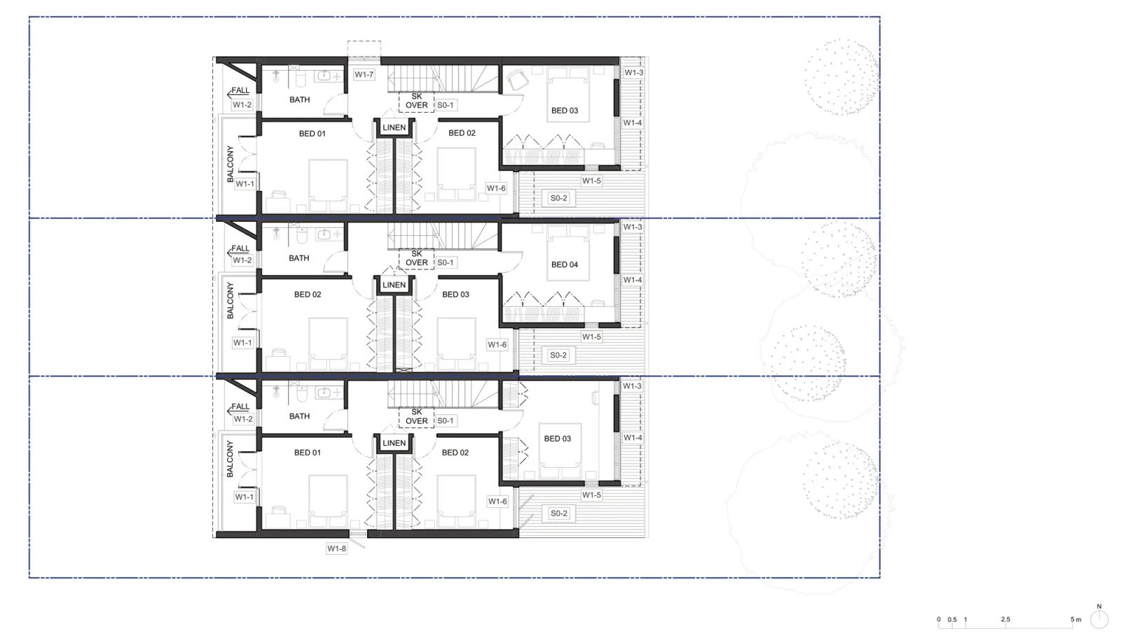 First floor plan A-313 for areas outside LMR housing areas, three bedrooms, a bathroom and a balcony in the two end homes, and three more bedrooms above the ground floor bedroom in the middle home