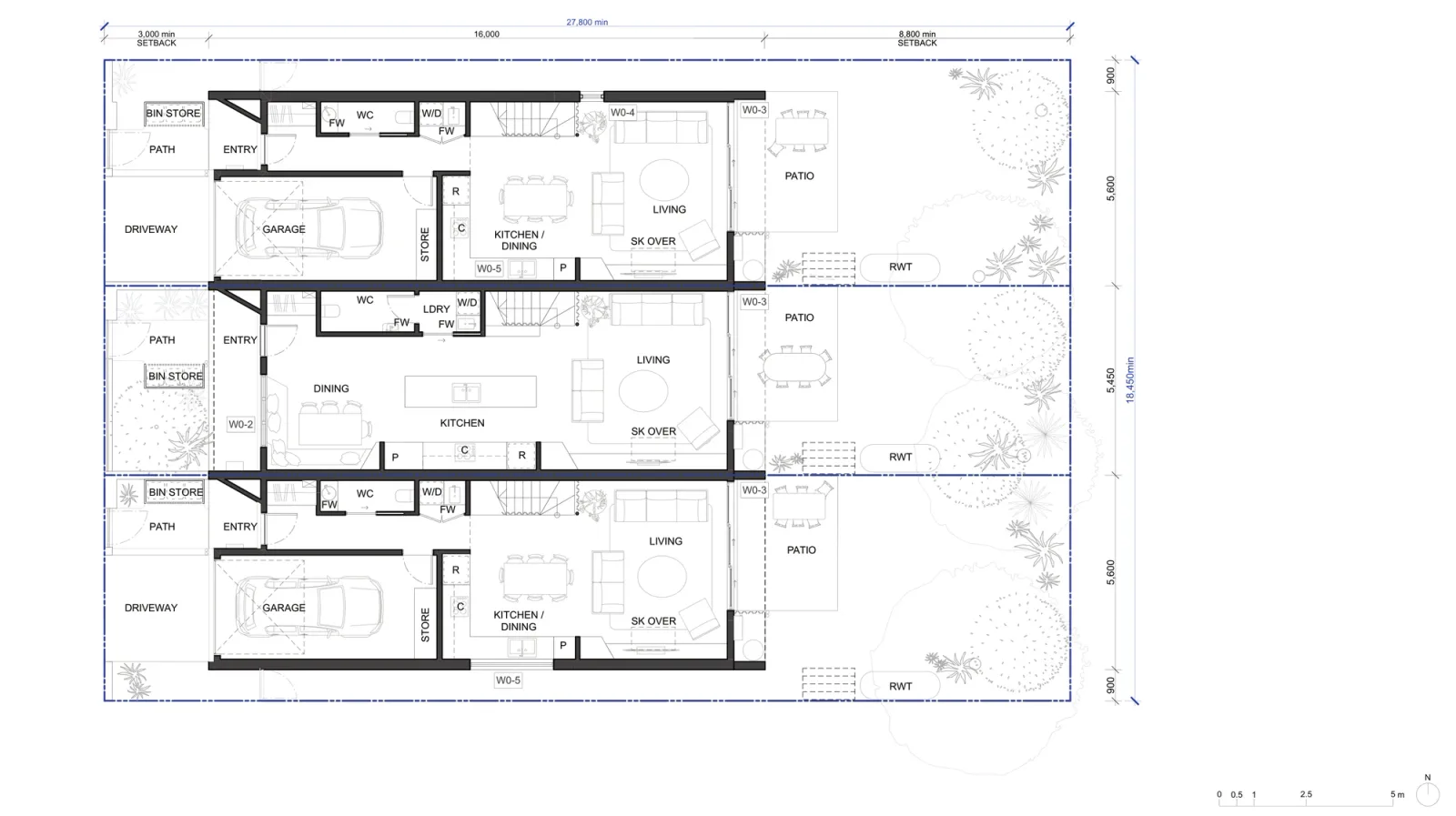 Ground floor plan A-302 for LMR housing areas, terraces 5.6, 5.45 and 5.6 metres wide inside 0.9 metre side setbacks, entry paths from the street, garages to the two end homes, an open plan kitchen and dining to the middle home, living rooms with skylights over, patios, rainwater tanks and bin stores