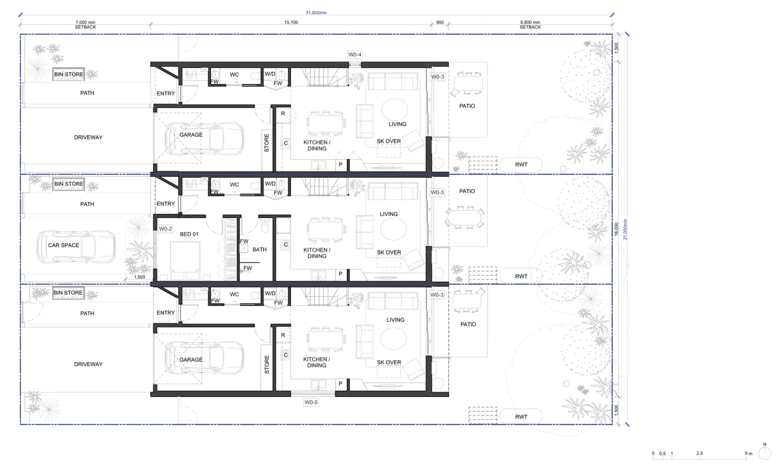 Ground floor plan A-312 for areas outside LMR housing areas, an 18 metre wide building inside 1.5 metre side setbacks, garages to the two end homes, a ground floor bedroom and bathroom to the middle home with a hardstand car space in front, living rooms with skylights over, patios and rainwater tanks