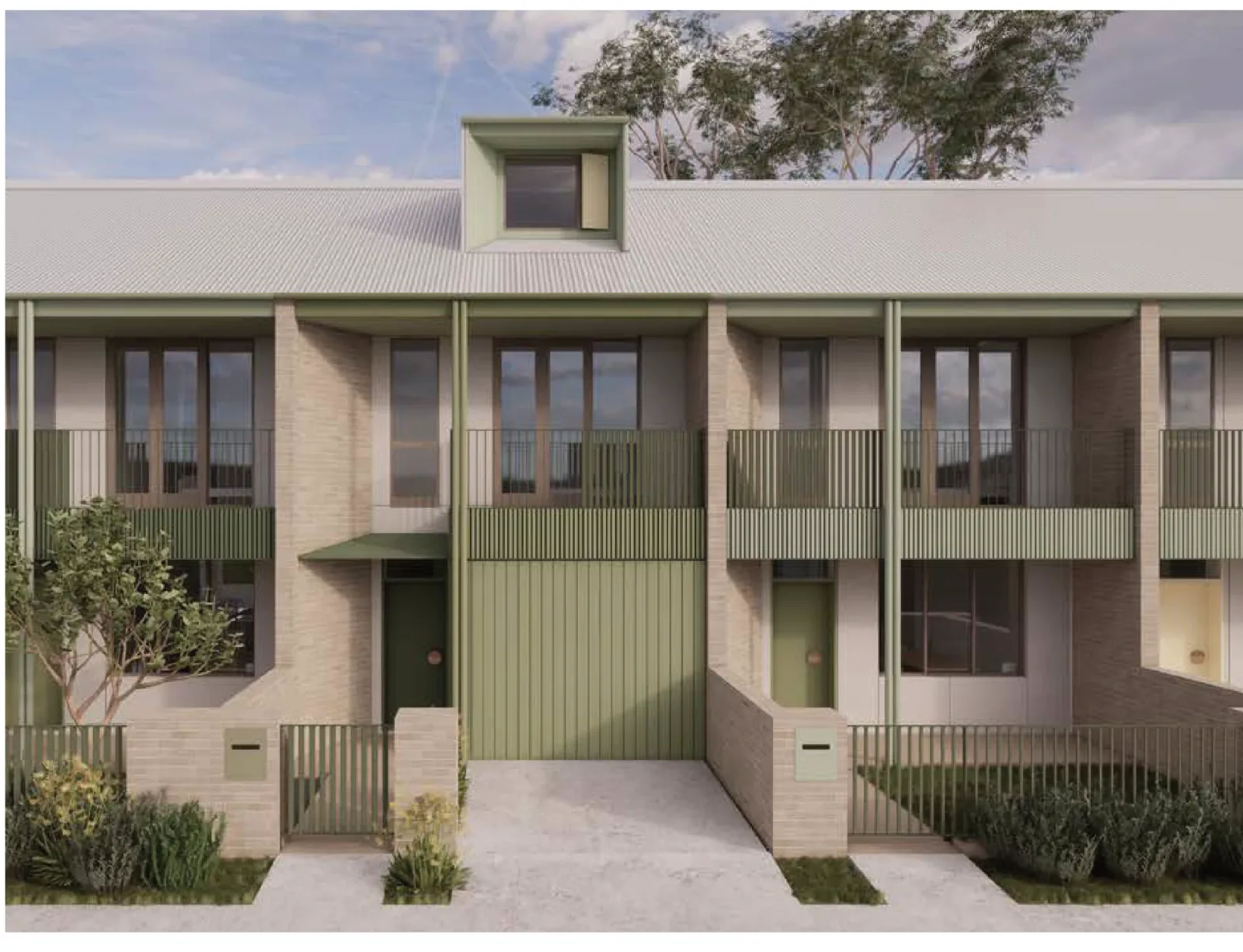 Street facade in palette 1, pale beige dry pressed brick with sage green battens, balustrades and garage door, a light grey metal deck roof and a green dormer window above