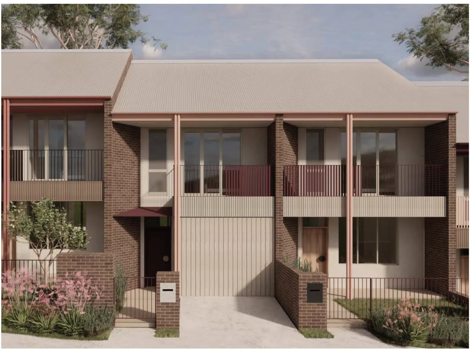 Street facade in palette 2, dark red brown dry pressed brick with blush pink downpipes and posts, deep red balustrades and door hood, cream board cladding and a pale metal deck roof