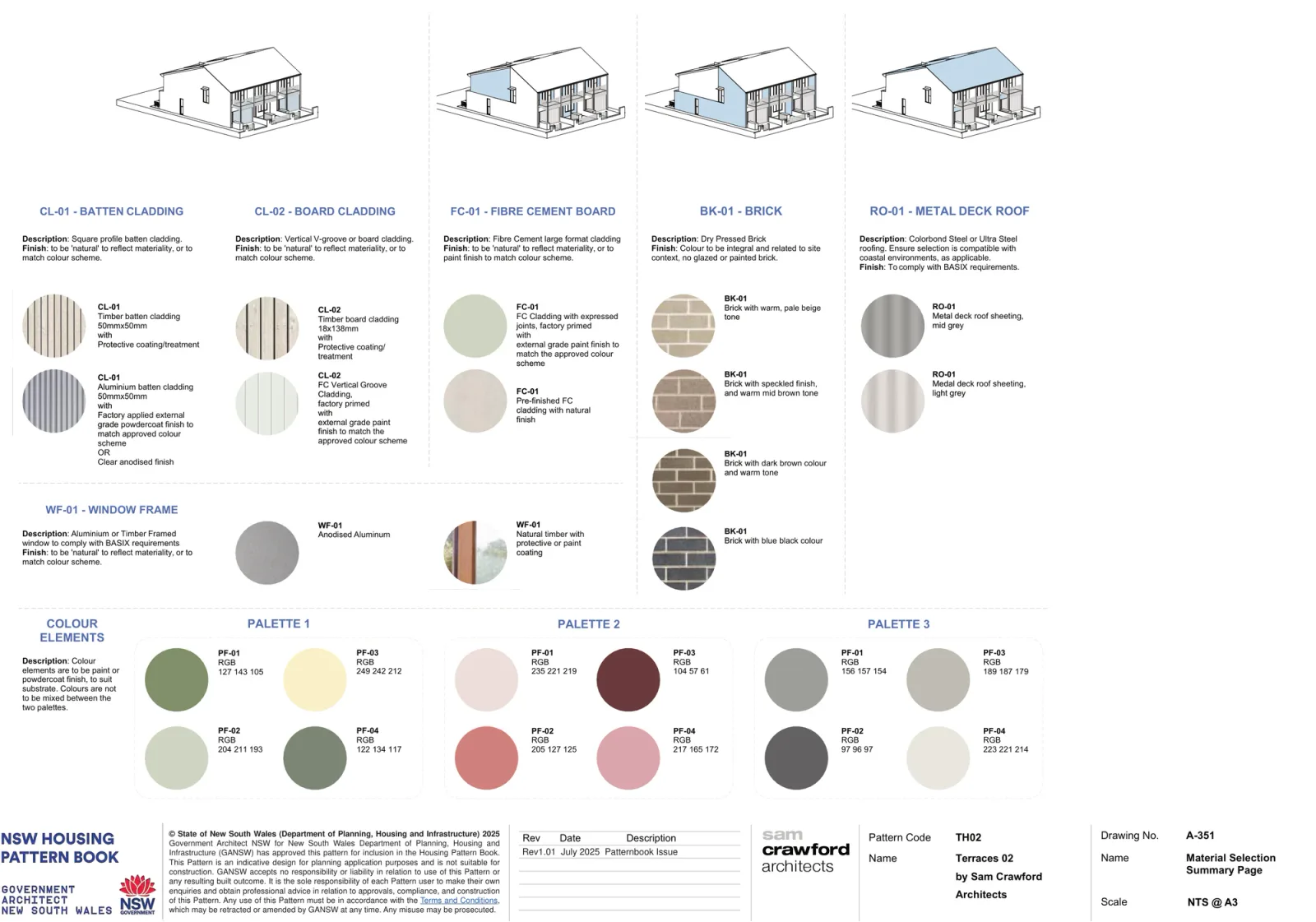 Material selection sheet A-351, timber and aluminium batten cladding, board cladding, fibre cement board, four dry pressed brick tones, metal deck roof sheeting, window frames and the three colour palettes with their RGB values