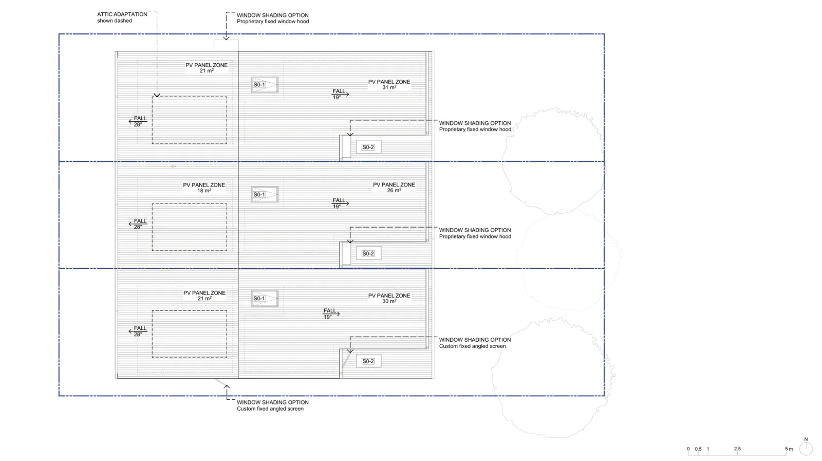 Roof plan A-304 for LMR housing areas, a metal deck roof falling 28 degrees to the street and 19 degrees to the rear, two solar panel zones of 18 to 31 square metres per home, skylights and the attic adaptation drawn dashed