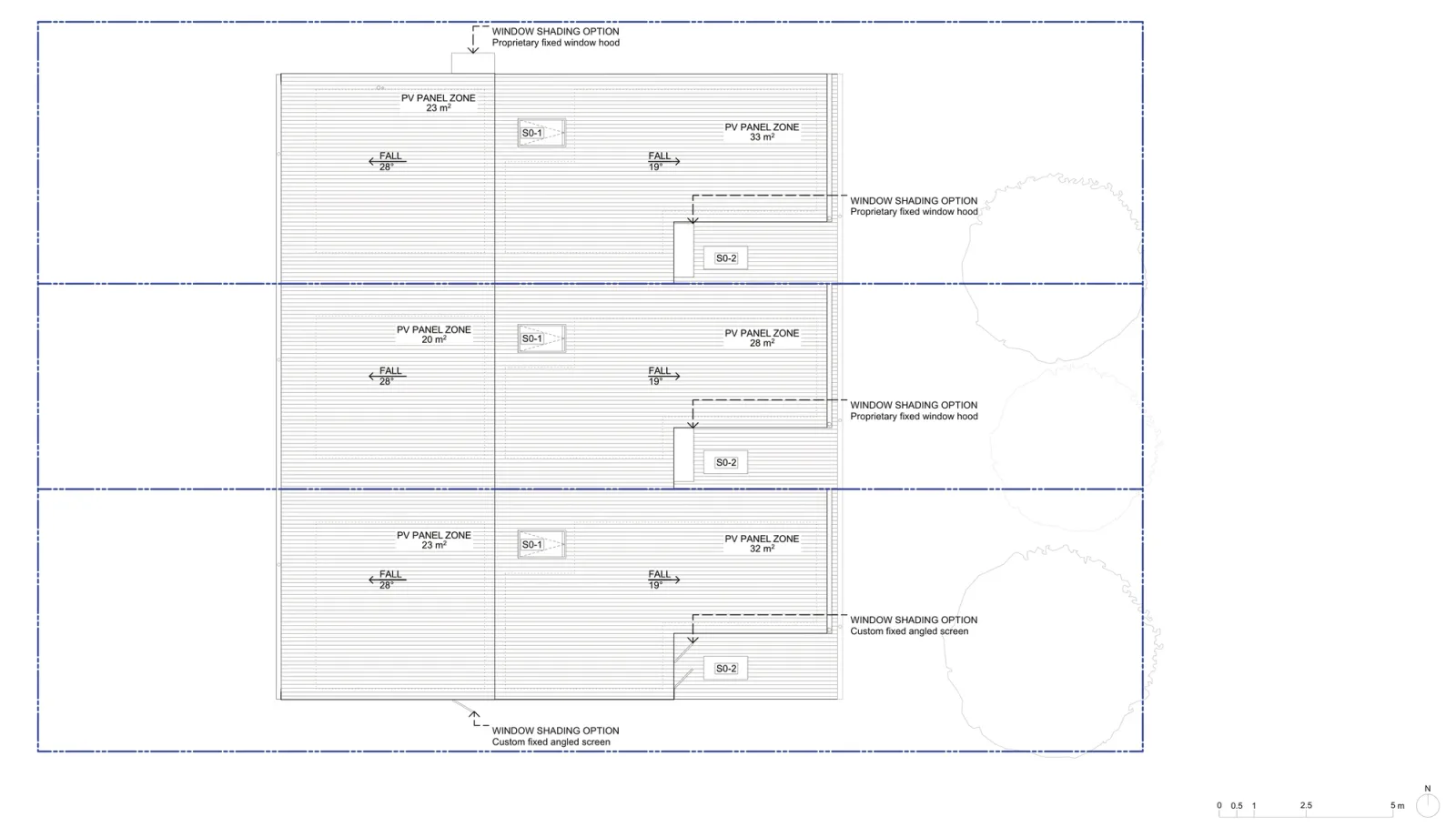 Roof plan A-314 for areas outside LMR housing areas, a metal deck roof falling 28 degrees to the street and 19 degrees to the rear, two solar panel zones of 20 to 33 square metres per home, skylights and the window shading options