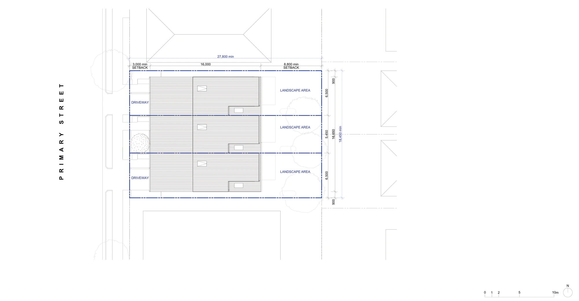 Site plan A-301 for LMR housing areas, three terraces on a block 18.45 by 27.8 metres with a 3 metre front setback, a 16 metre deep building envelope, an 8.8 metre landscaped area at the rear and a driveway to the primary street