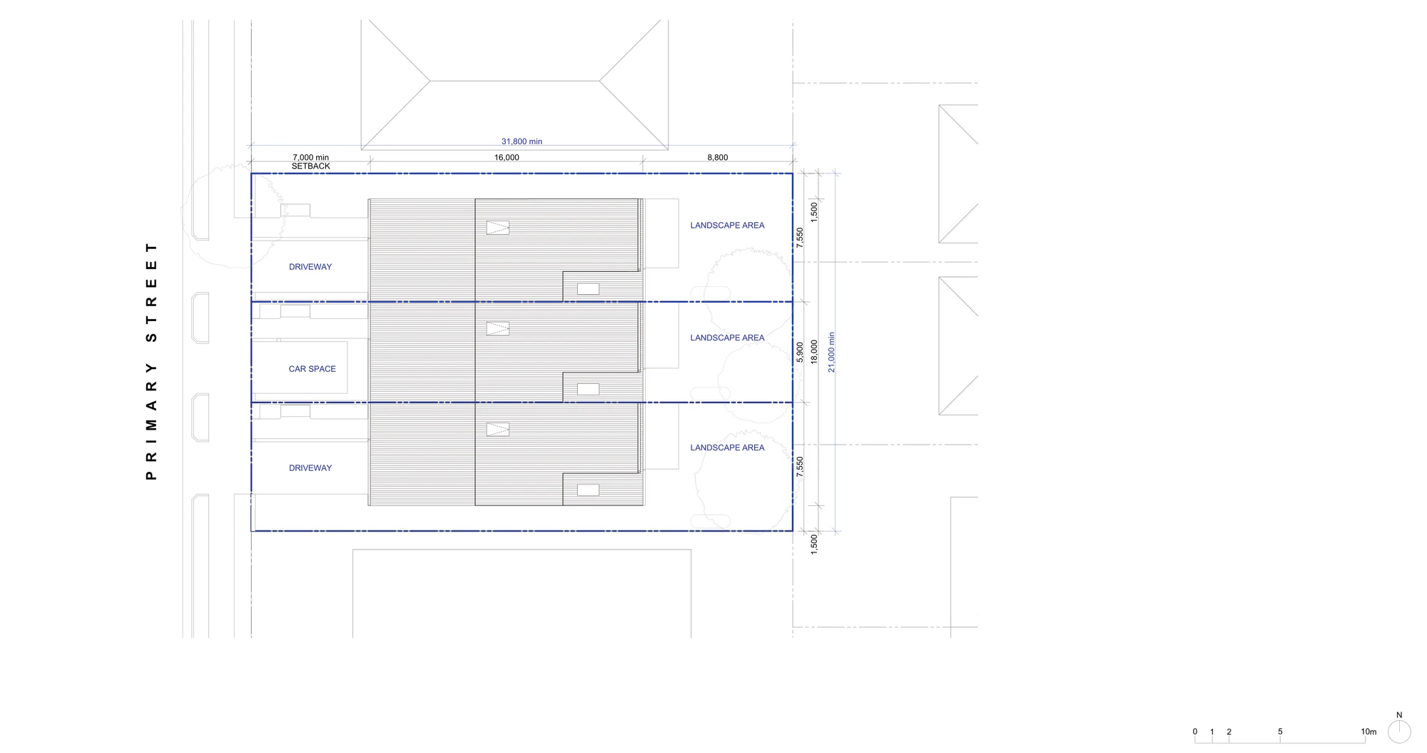 Site plan A-311 for areas outside LMR housing areas, three terraces on a block 21 by 31.8 metres with a 7 metre front setback, a 16 metre deep building envelope, an 8.8 metre landscaped area at the rear, two driveways and a hardstand car space to the middle home