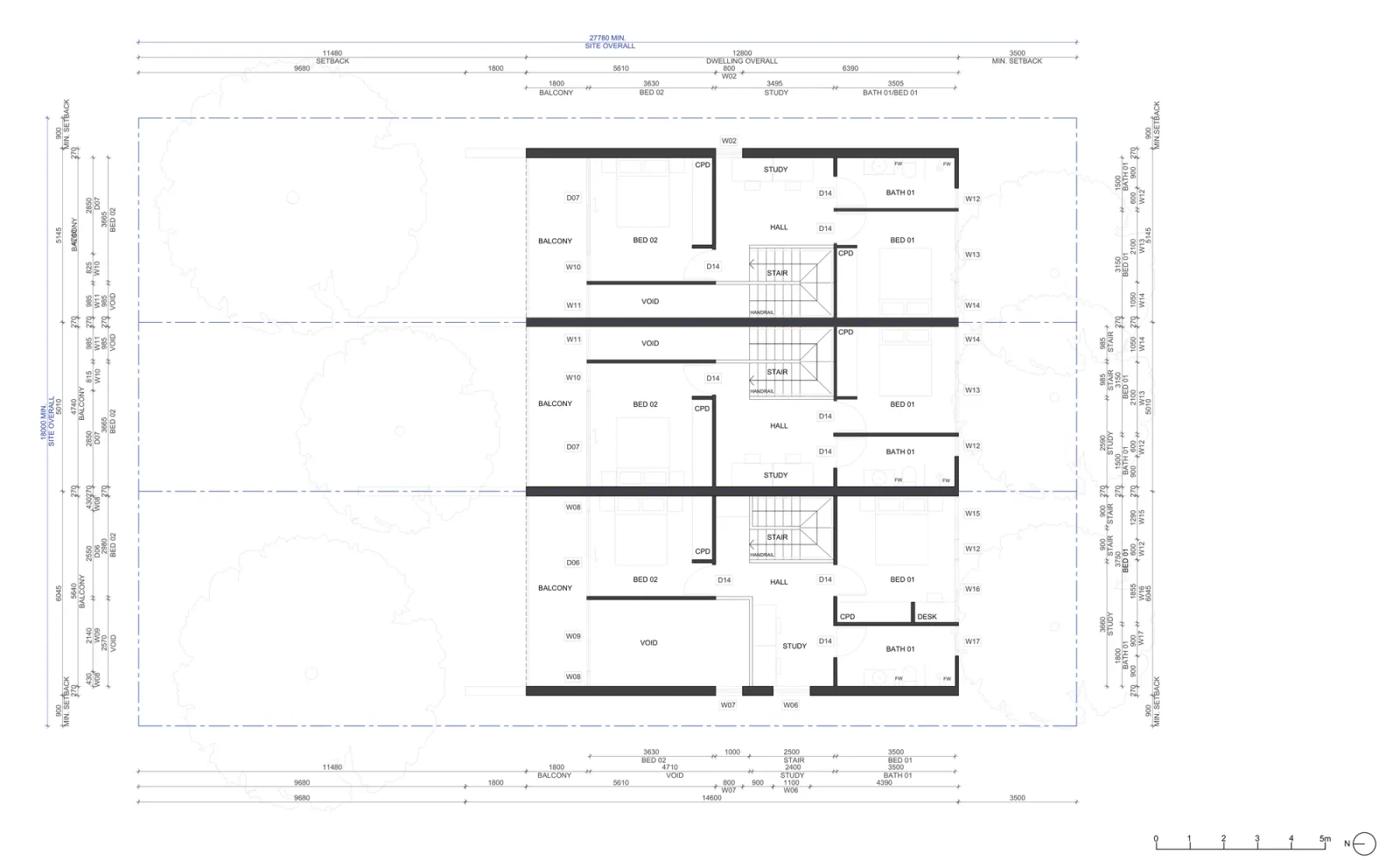 First floor plan for the low and mid rise version, showing two bedrooms, a study, a bathroom, the stair and hall, the void over the living area and a front balcony