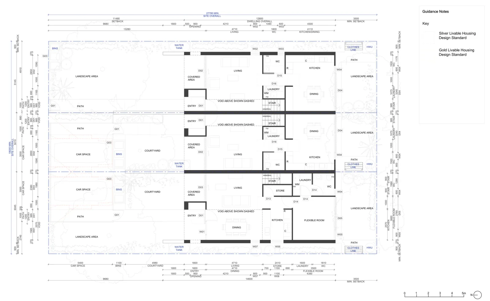 Ground floor plan for the low and mid rise version, showing the entry, living, dining and kitchen of each terrace with the laundry, WC, store, flexible room and the void over the living area