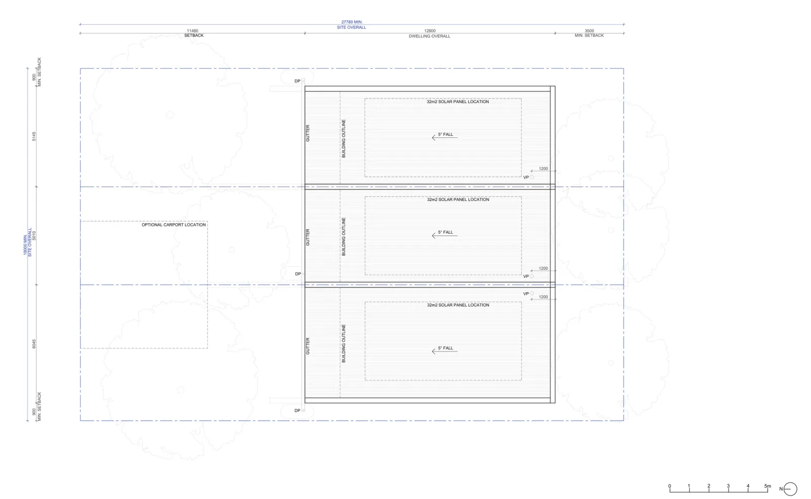 Roof plan for the low and mid rise version, showing a single roof plane over each terrace sloping north, the solar panel zones, gutters and downpipes
