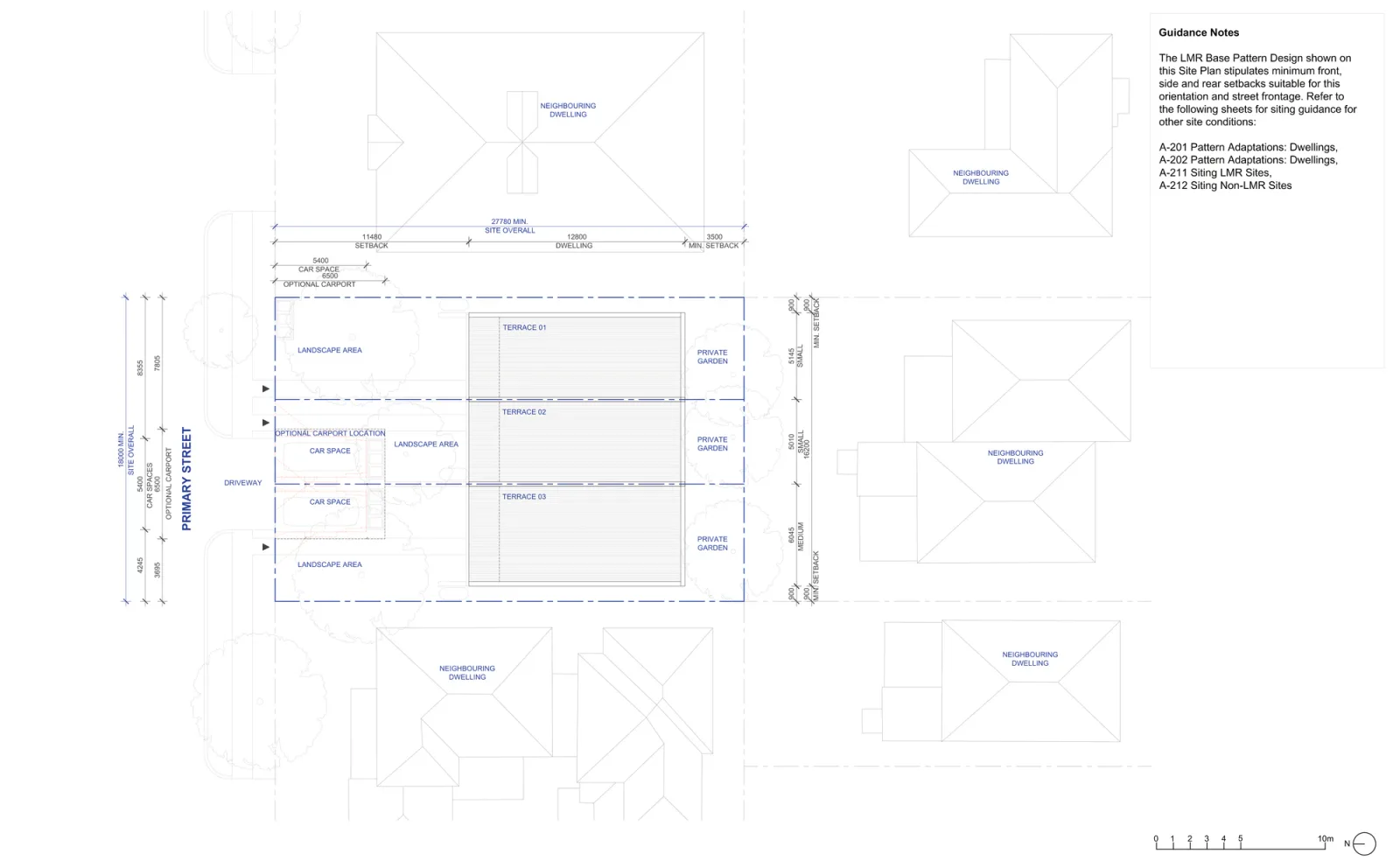 Site plan for the low and mid rise housing area base pattern on an 18 by 27.78 metre lot, showing three terraces, the driveway and hardstand in the front setback, landscape areas and rear private gardens