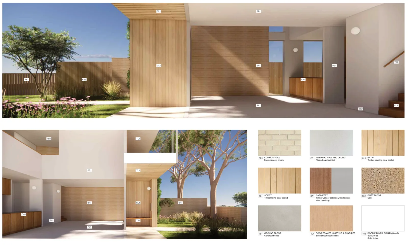 Materials palette 01 sheet, showing garden and living room views with a sample board of cream face brick, clear sealed timber cladding and lining, timber veneer cabinets and a stainless steel benchtop