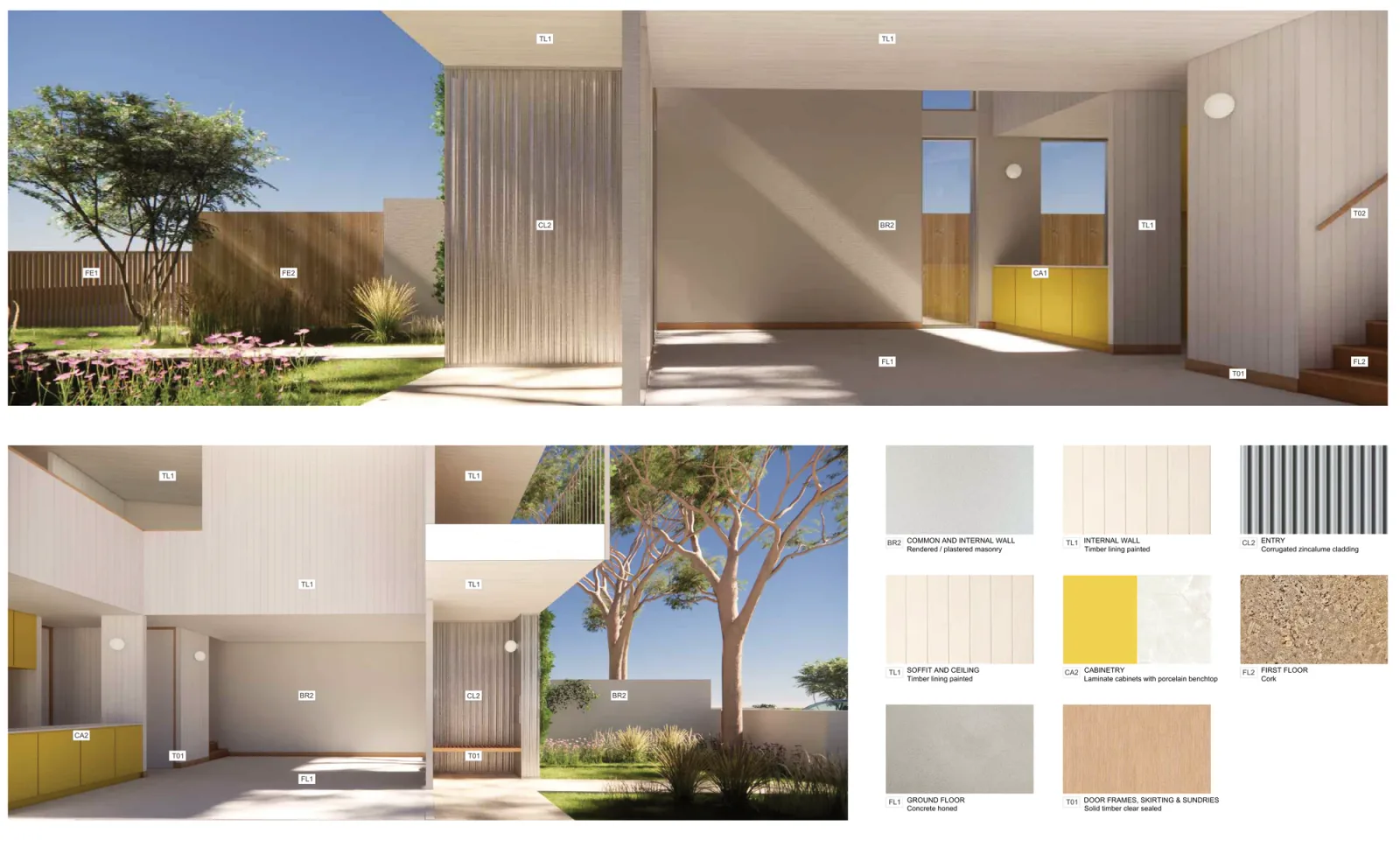Materials palette 02 sheet, showing garden and living room views with a sample board of rendered brick, painted timber lining, corrugated zincalume cladding, laminate cabinets and a porcelain benchtop