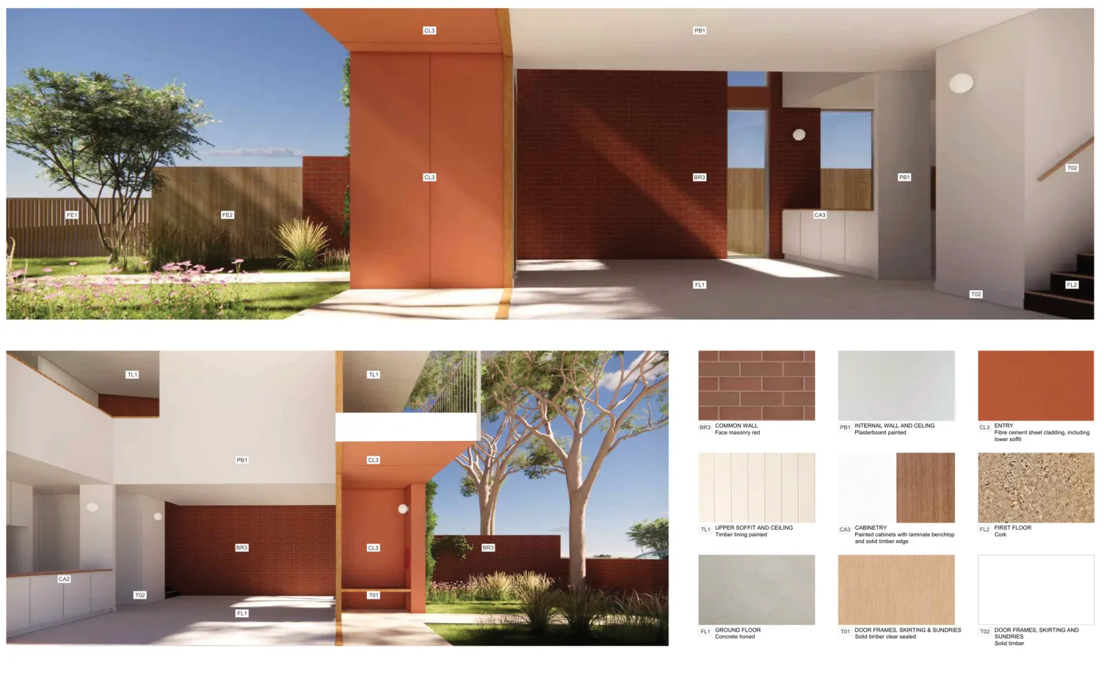 Materials palette 03 sheet, showing garden and living room views with a sample board of red face brick, fibre cement sheet cladding, painted cabinets and a laminate benchtop with a solid timber edge