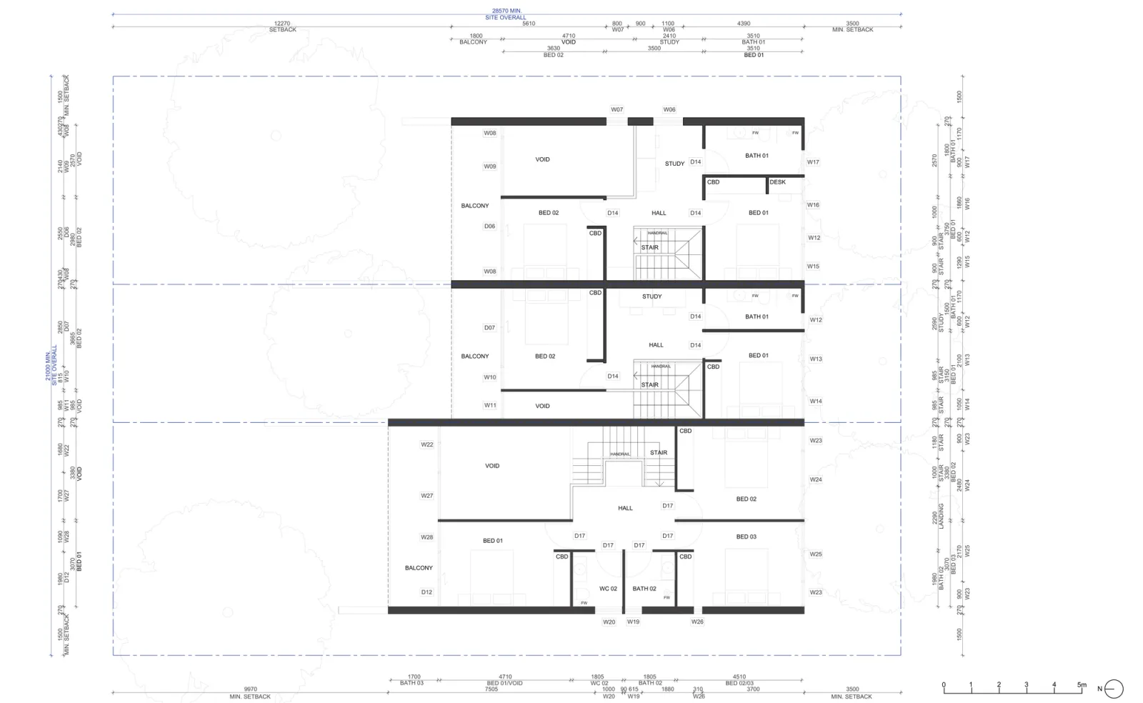 First floor plan for the version outside low and mid rise housing areas, showing bedrooms, studies, bathrooms, stairs and balconies including the large terrace with three bedrooms