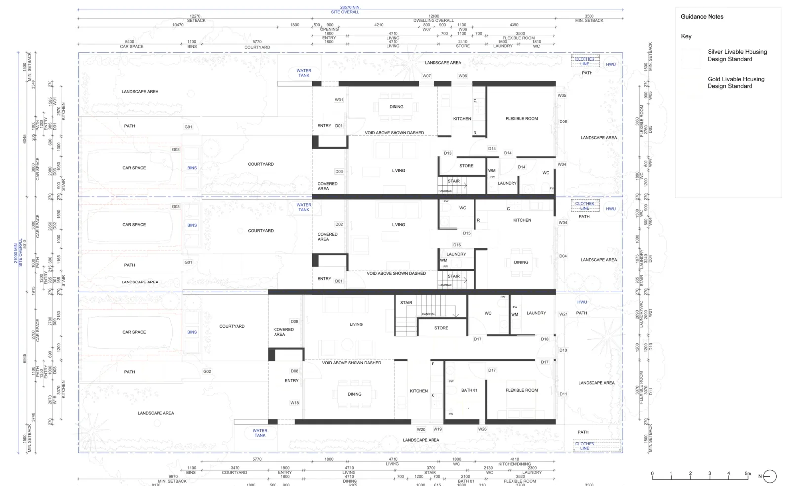 Ground floor plan for the version outside low and mid rise housing areas, drawn as a medium, a small and a large terrace with courtyards, water tanks and a car space for every home
