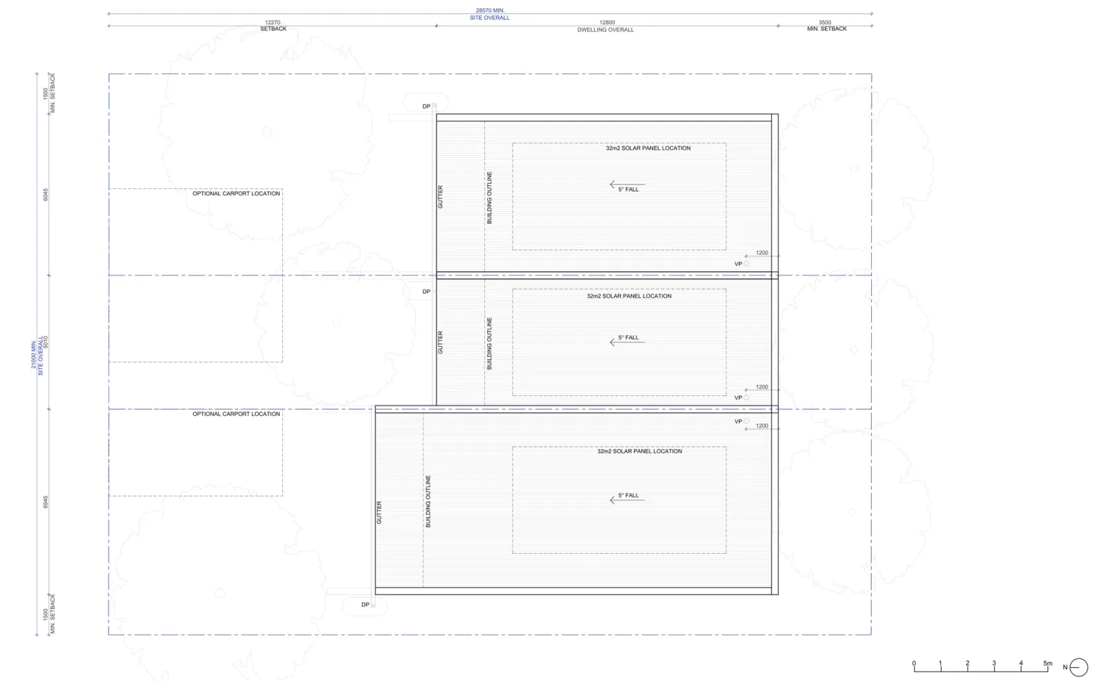Roof plan for the version outside low and mid rise housing areas, showing the north falling roof over each terrace with solar zones and the optional carport locations