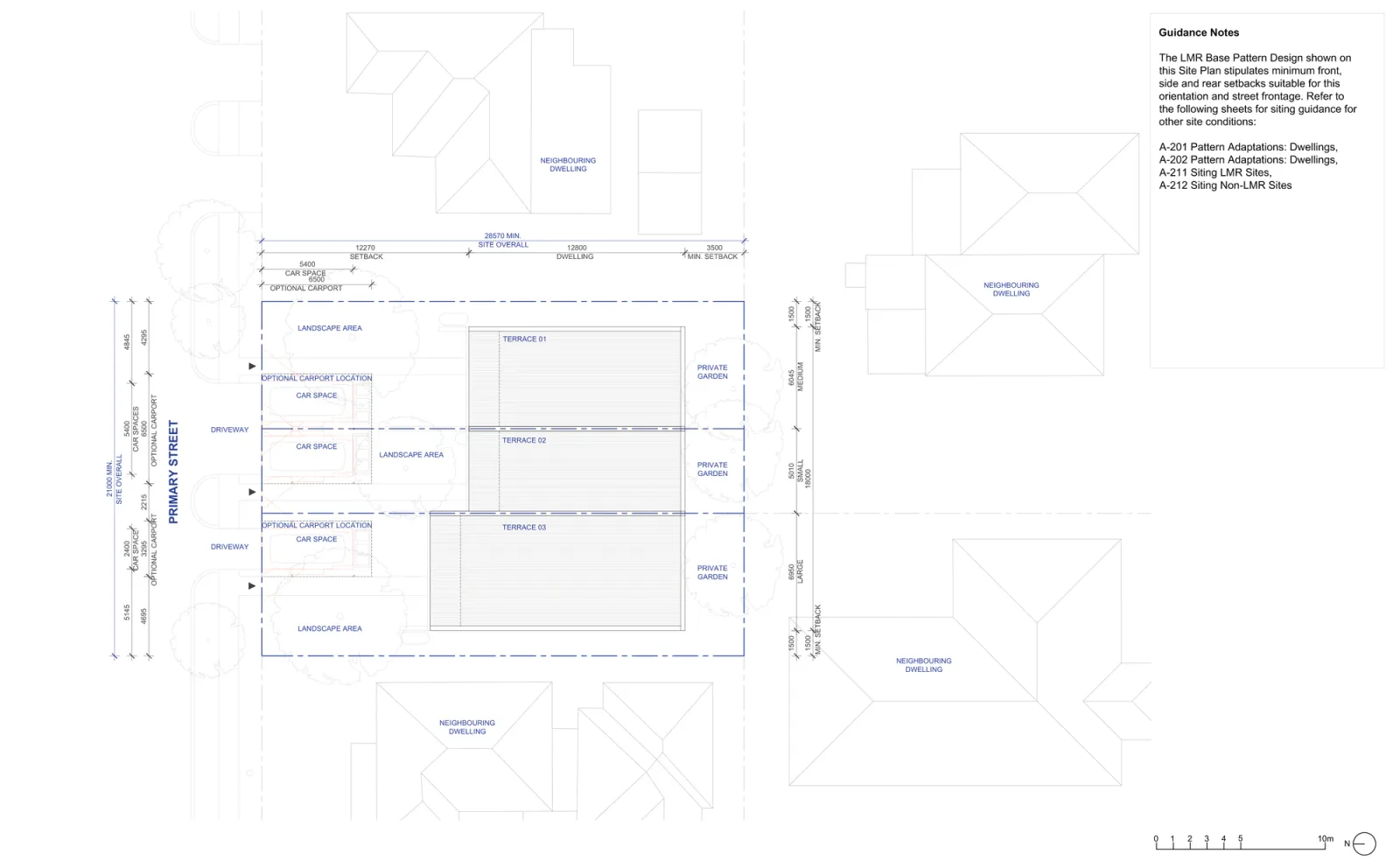 Site plan for the base pattern outside low and mid rise housing areas on a 21 by 28.57 metre lot, showing three terraces, two driveways and a car space for every dwelling
