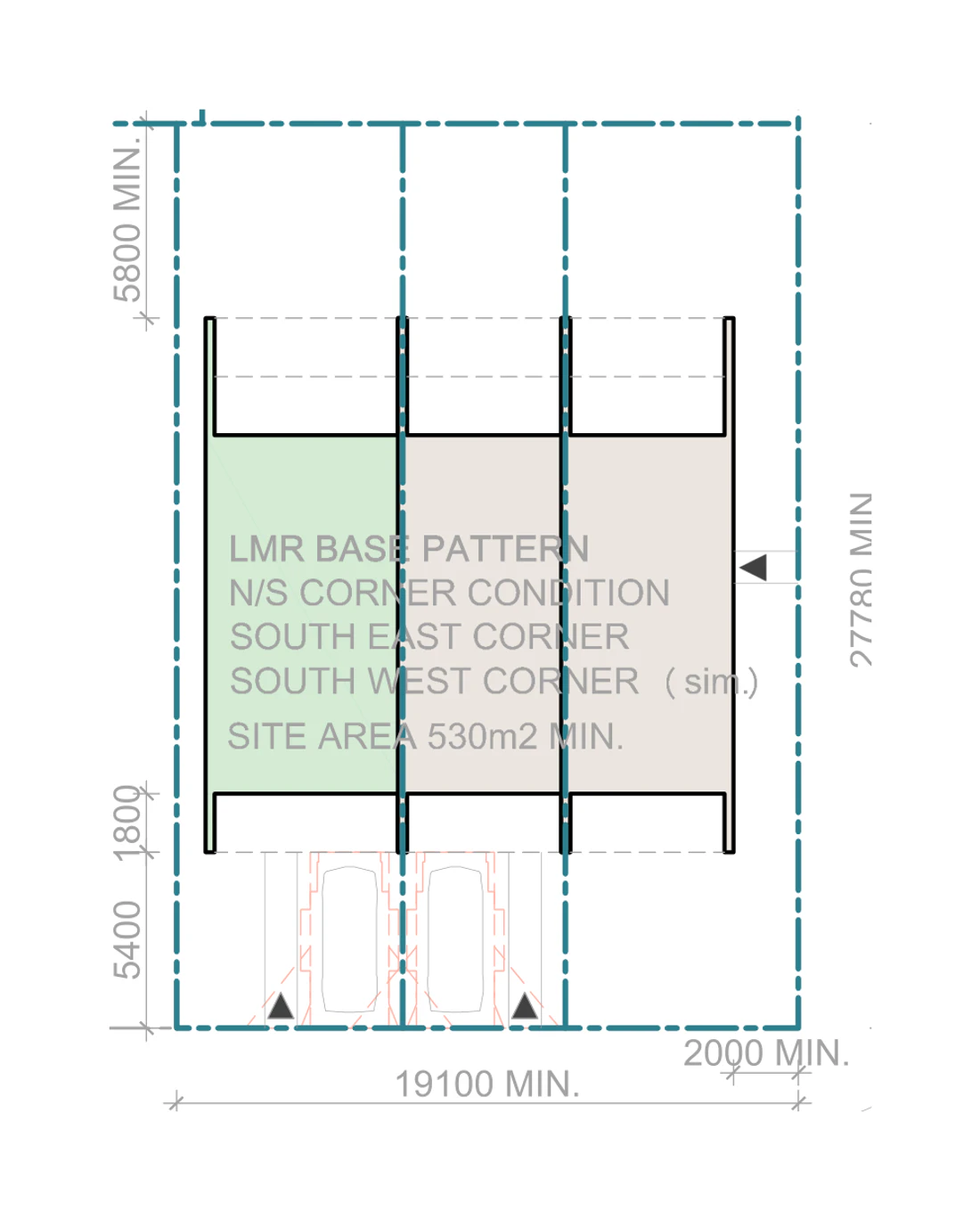 Siting plan for a corner site in a low and mid rise housing area, drawn on the south east corner with two street frontages and the secondary street setback
