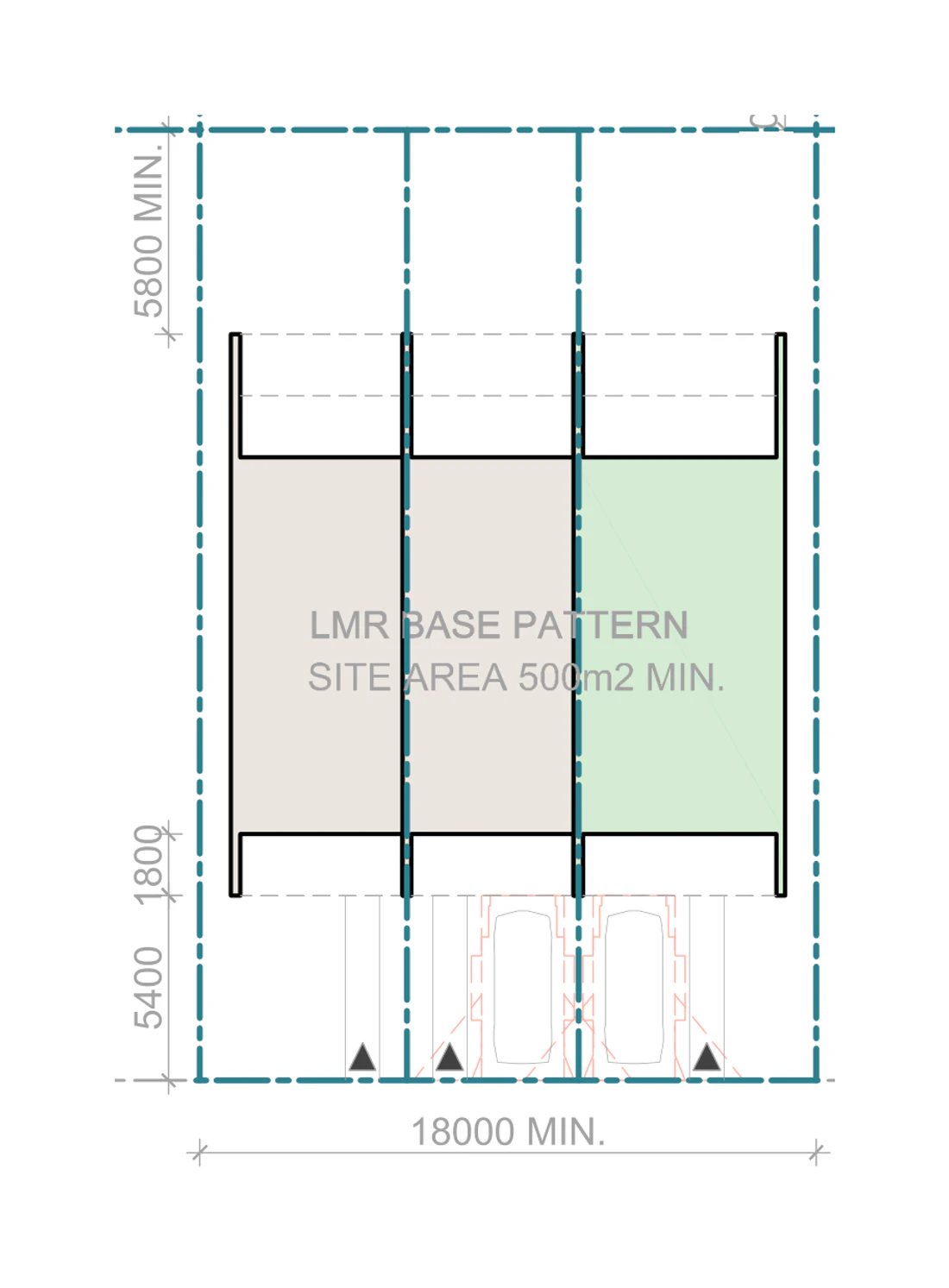 Siting plan for the same mid block lot with the street to the south, showing the entries, openings and roof rearranged so living areas still face north