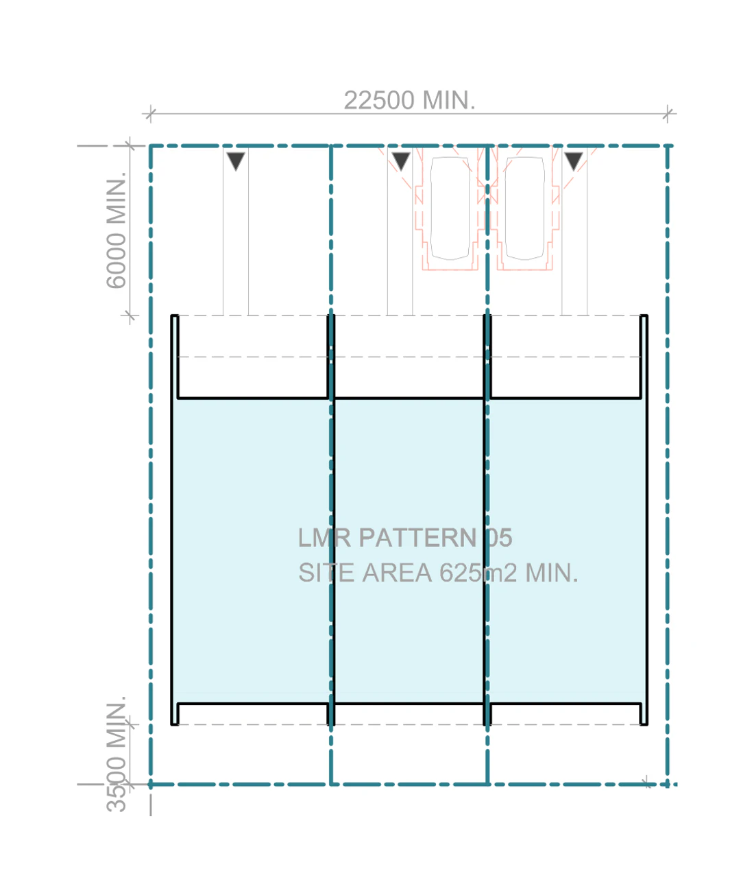 Siting plan for a wide mid block lot in a low and mid rise housing area carrying three large terraces side by side