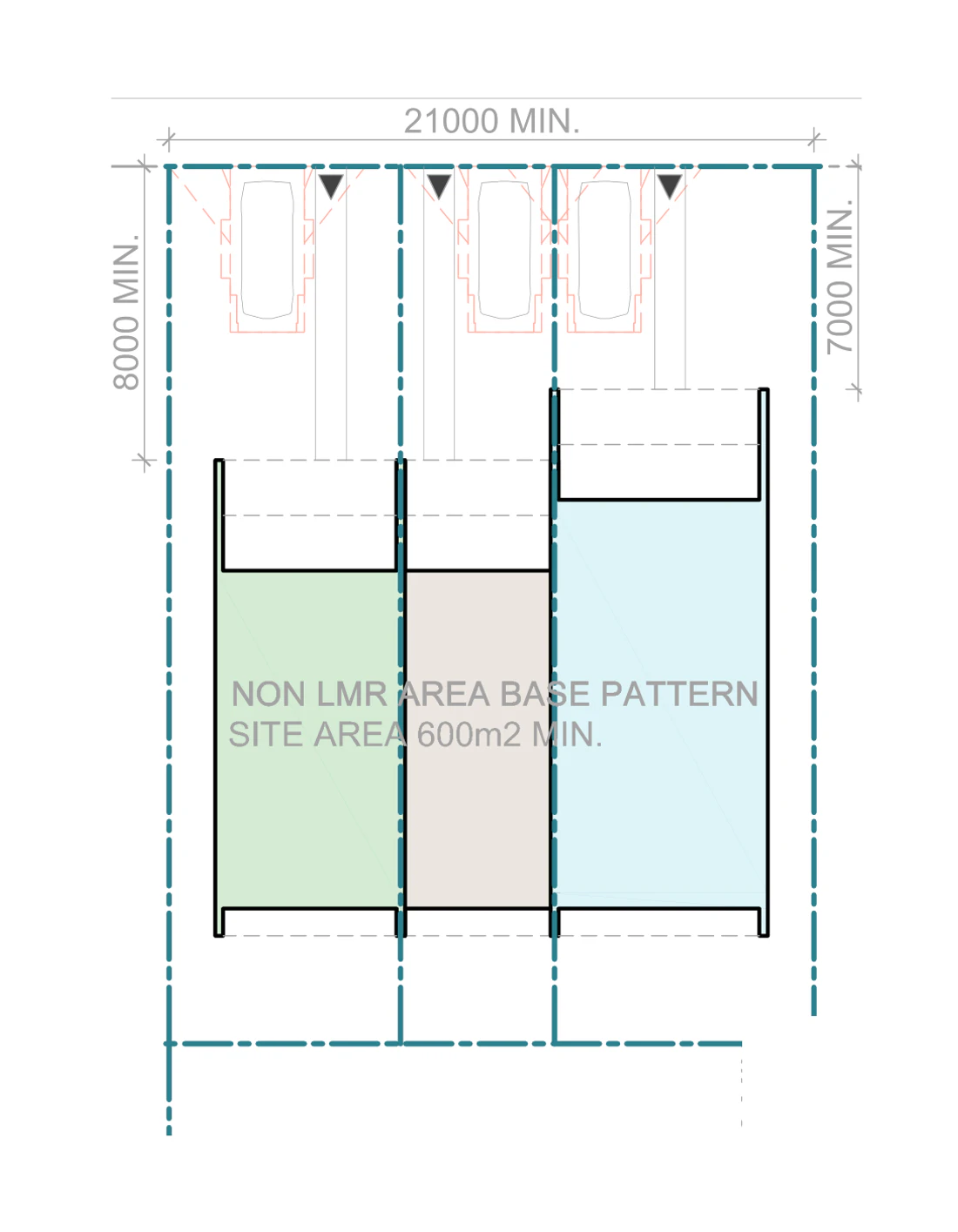 Siting plan for a mid block lot outside a low and mid rise housing area, showing a medium, a small and a large terrace with a car space for every home