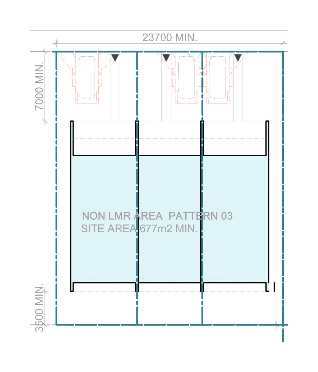 Siting plan for the widest drawn lot outside a low and mid rise housing area, carrying three large terraces