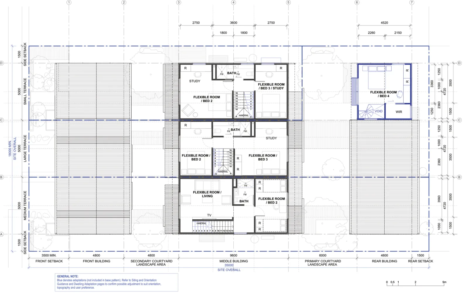 First floor plan of Terraces 04 inside a low and mid rise housing area, showing the upper level of each two storey middle building with flexible rooms used as bedrooms, studies or living rooms, bathrooms, robes and the switchback stairs