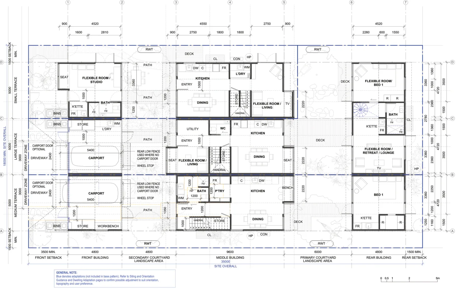 Ground floor plan of all three Terraces 04 homes inside a low and mid rise housing area, with kitchens, dining rooms, flexible living rooms, bathrooms, laundries, stores, entries off the side paths, two carports, decks, rainwater tanks and the two landscaped courtyards