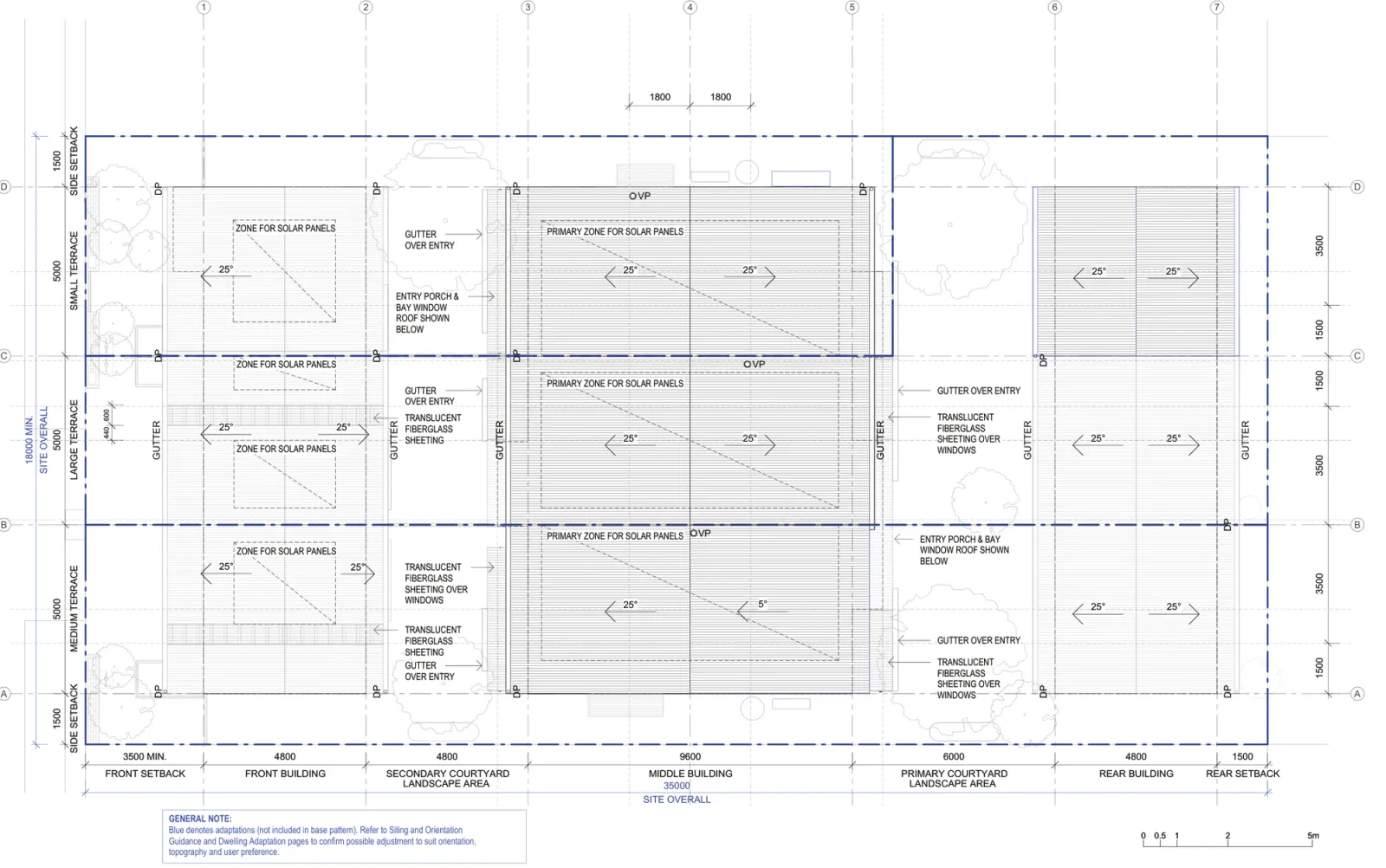 Roof plan of Terraces 04 inside a low and mid rise housing area, showing 25 degree gable roofs over the front, middle and rear buildings, the zones set aside for solar panels, translucent fibreglass sheeting over the windows and entries, gutters and downpipes